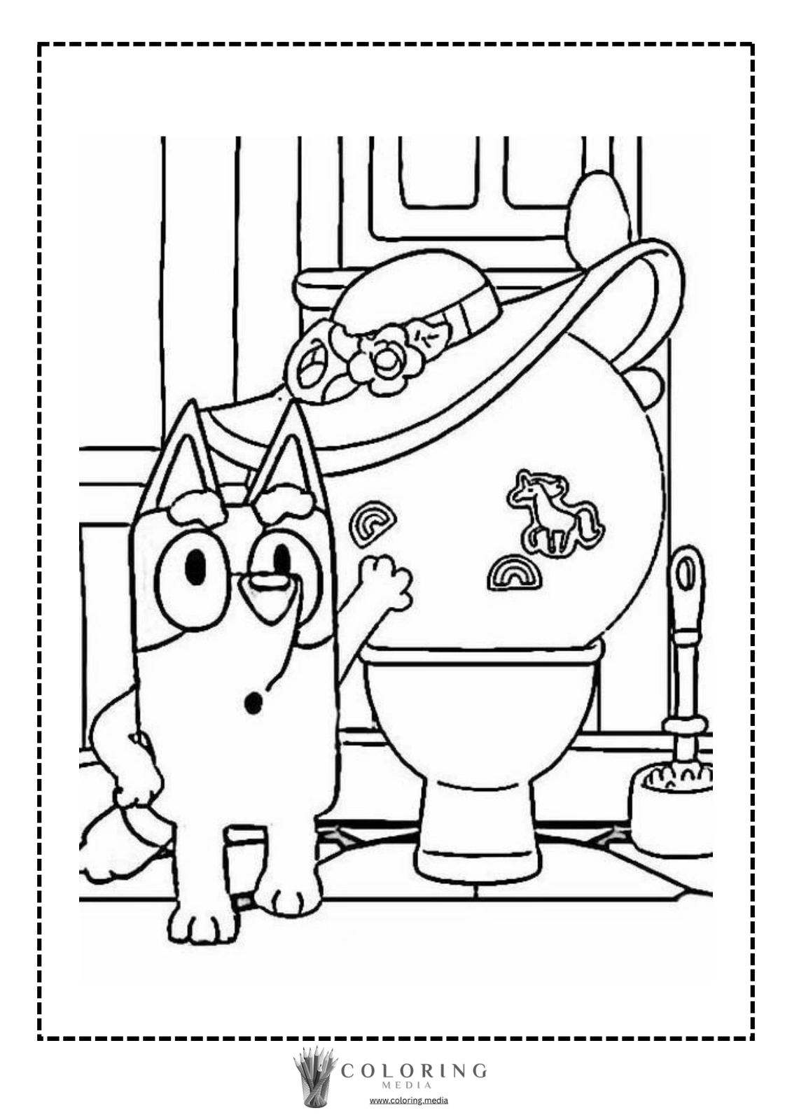 A cartoon dog stands surprised next to a decorated toilet.