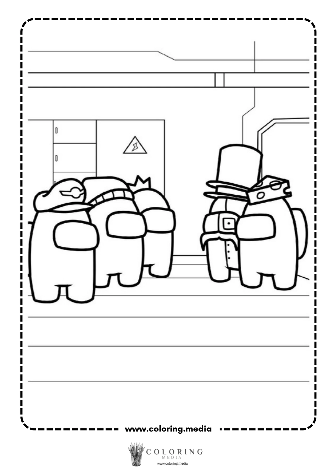 Four cartoon characters interact in a futuristic setting, one wearing a top hat.