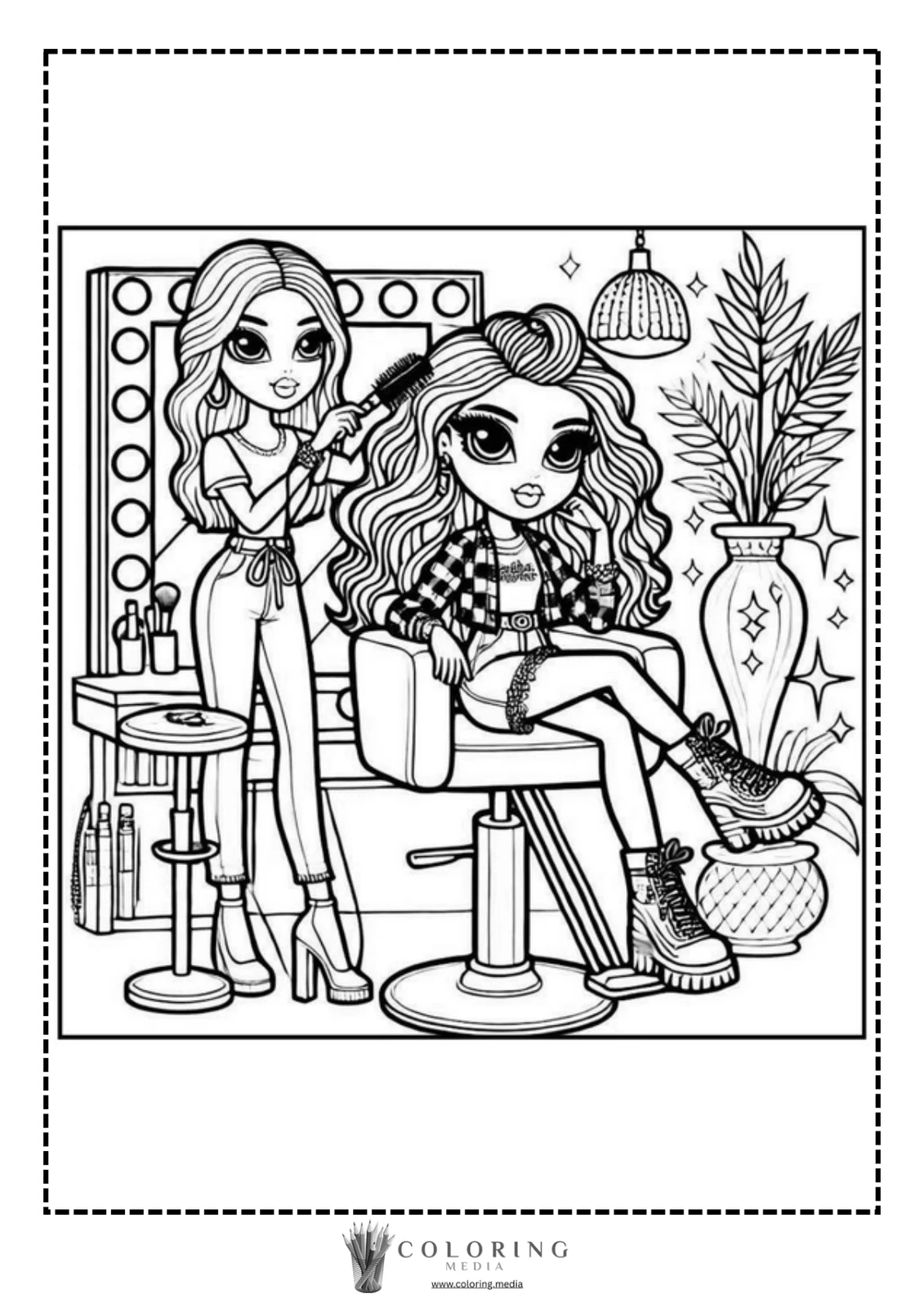 A stylist brushes hair while a client sits in a salon chair.