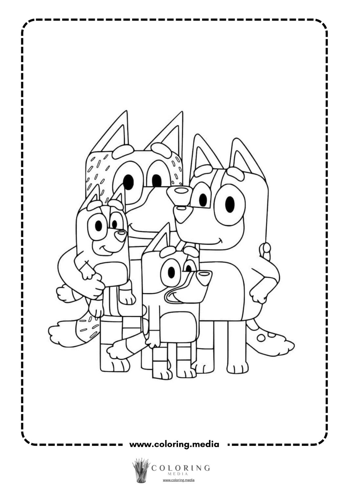 Four cartoon dogs are happily posing together for a picture.