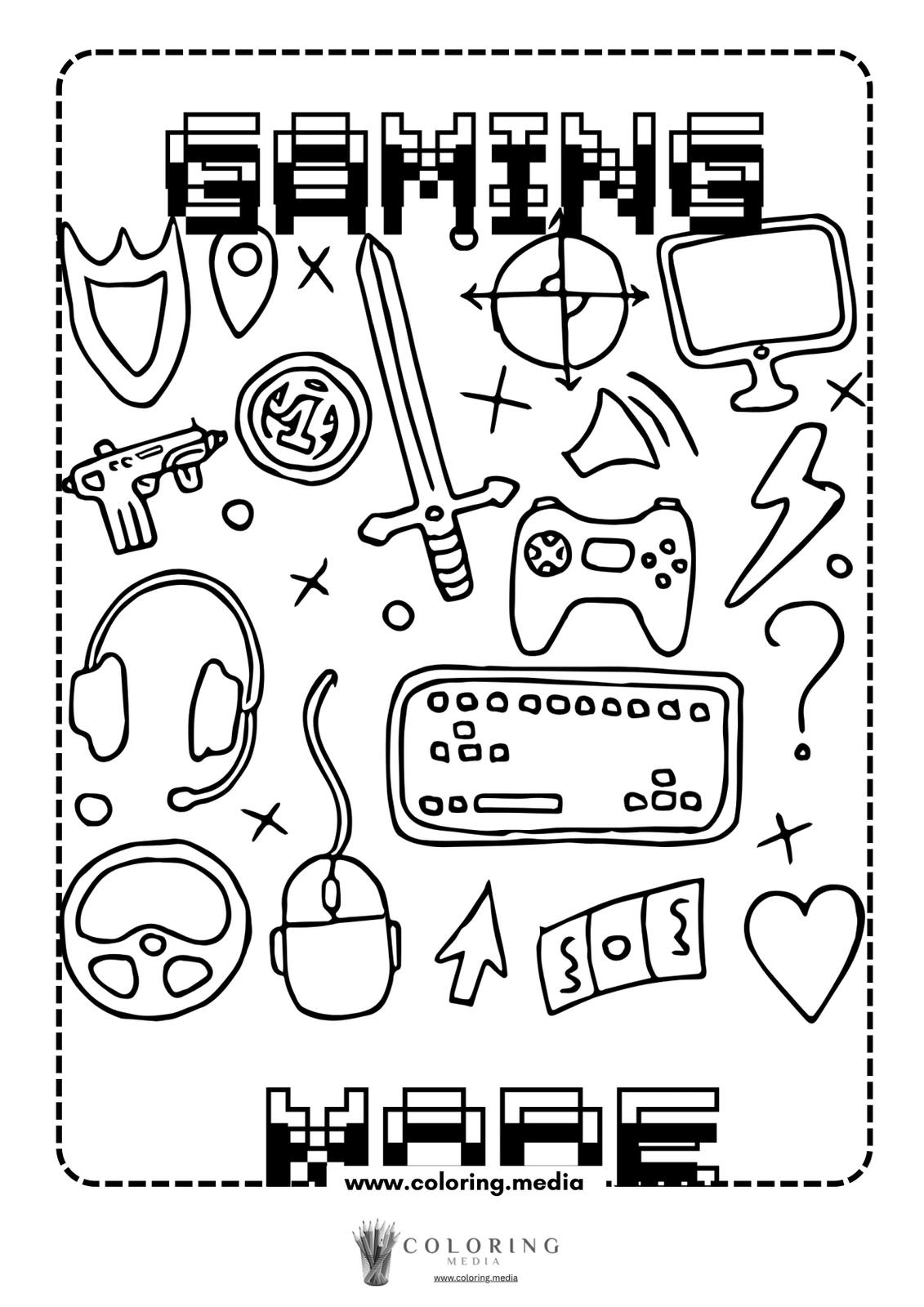 Coloring page featuring gaming-themed icons like controllers, swords, and headsets.