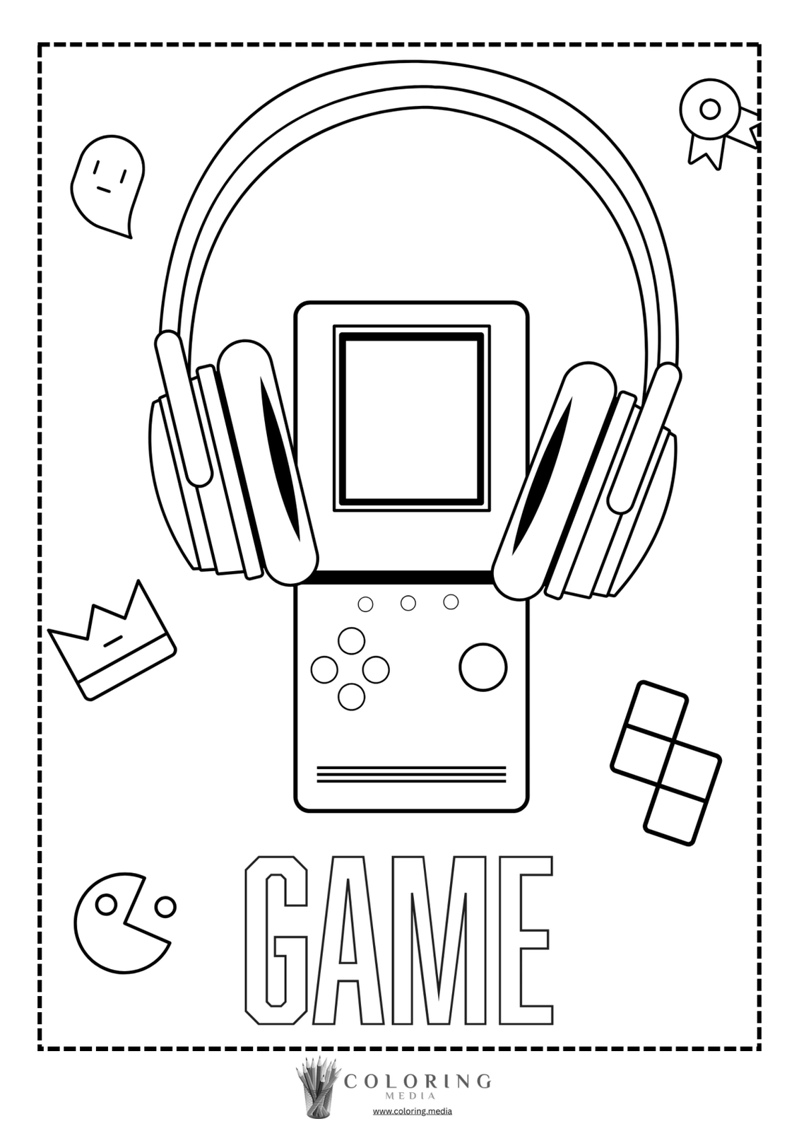 A gaming device with headphones and playful icons, labeled "GAME."