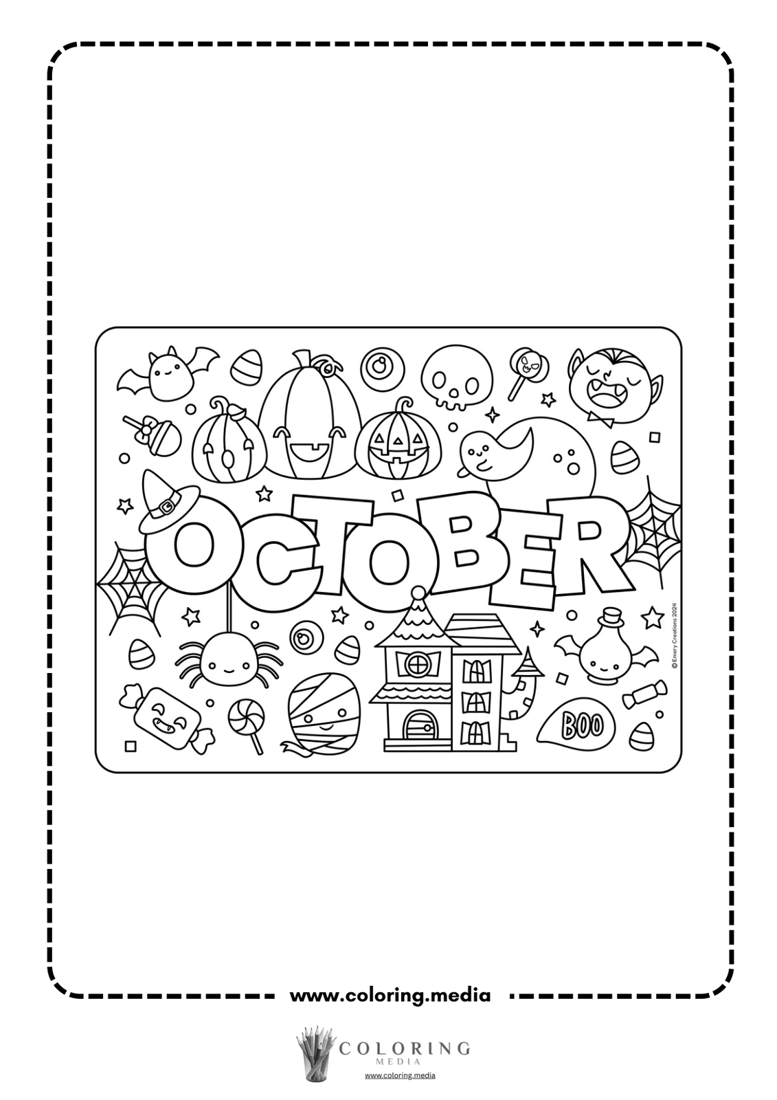 Coloring page featuring Halloween-themed illustrations and the word "OCTOBER."