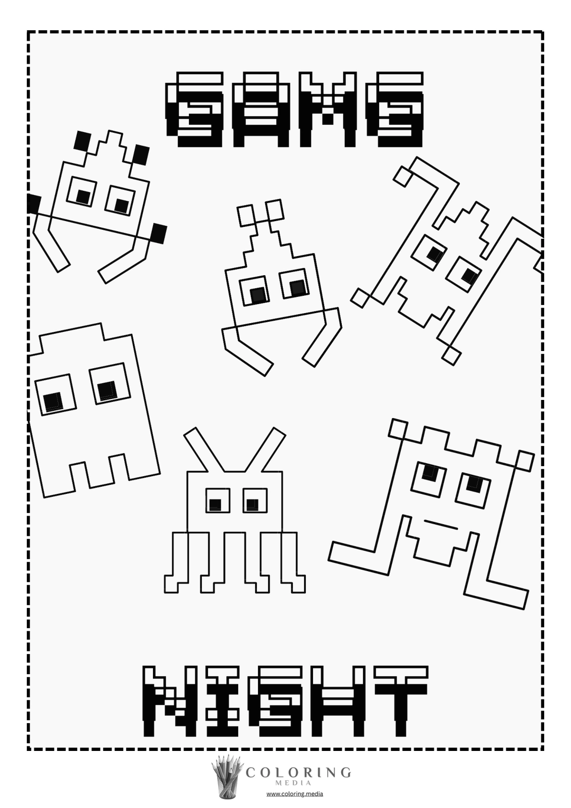 Coloring page featuring playful pixelated aliens with the text "GAME NIGHT."
