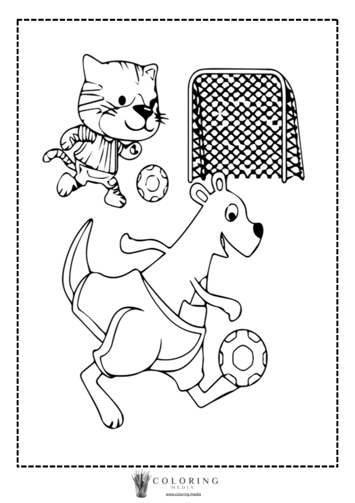 A cat and a dog play soccer near a goal.