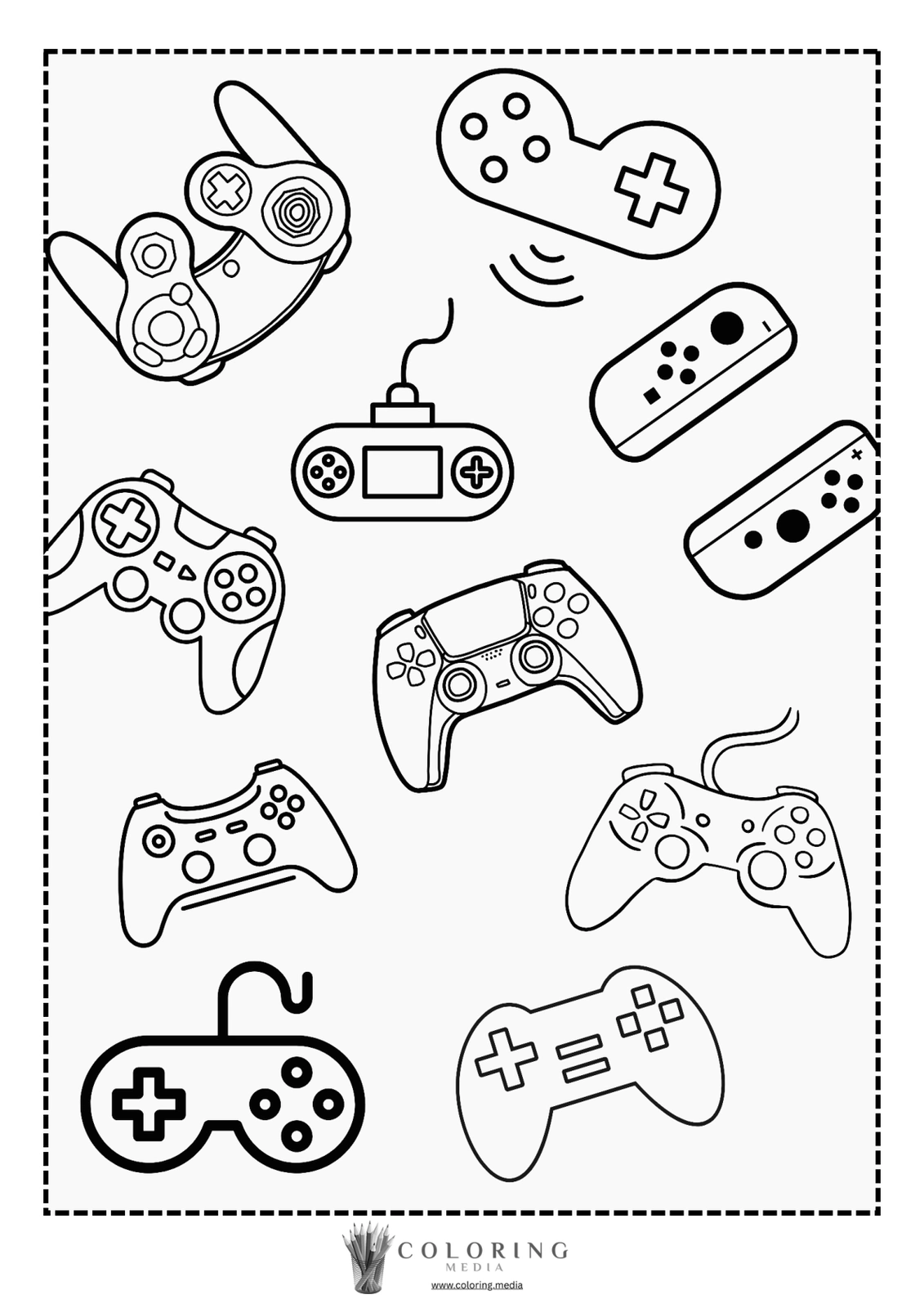 Various gaming controllers are illustrated in a playful, coloring book style.