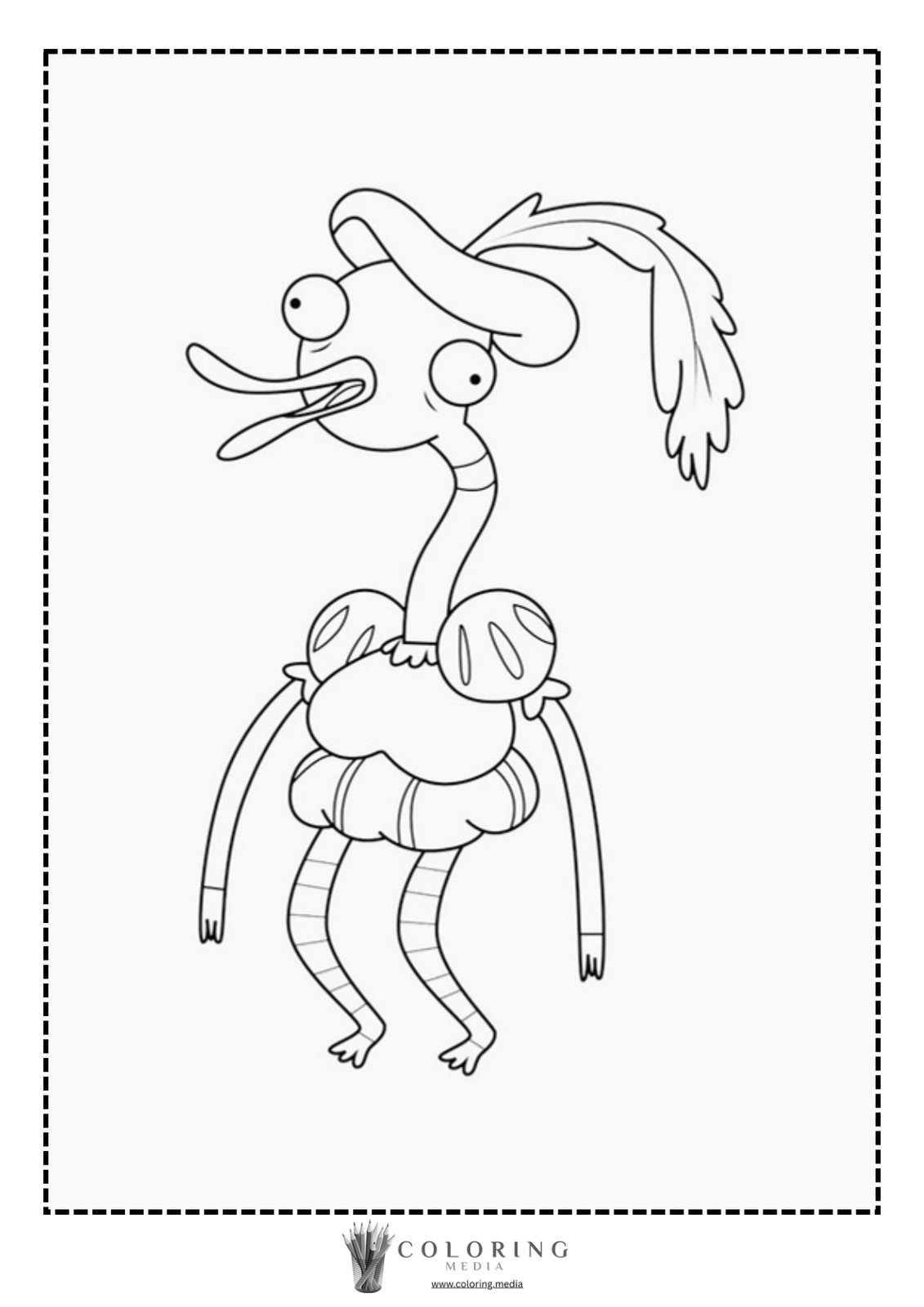 A cartoonish bird wearing a hat and a frilly outfit stands playfully.