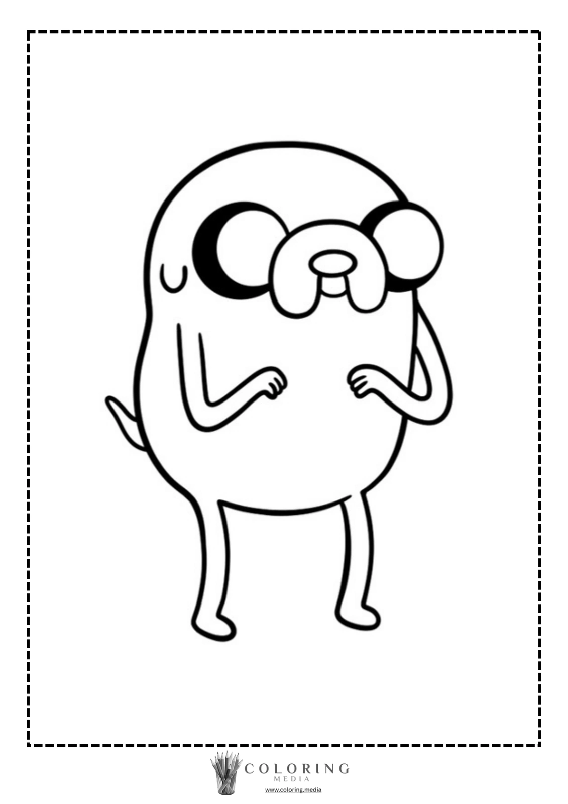 A cartoon character with a round body stands with hands raised, looking playful.