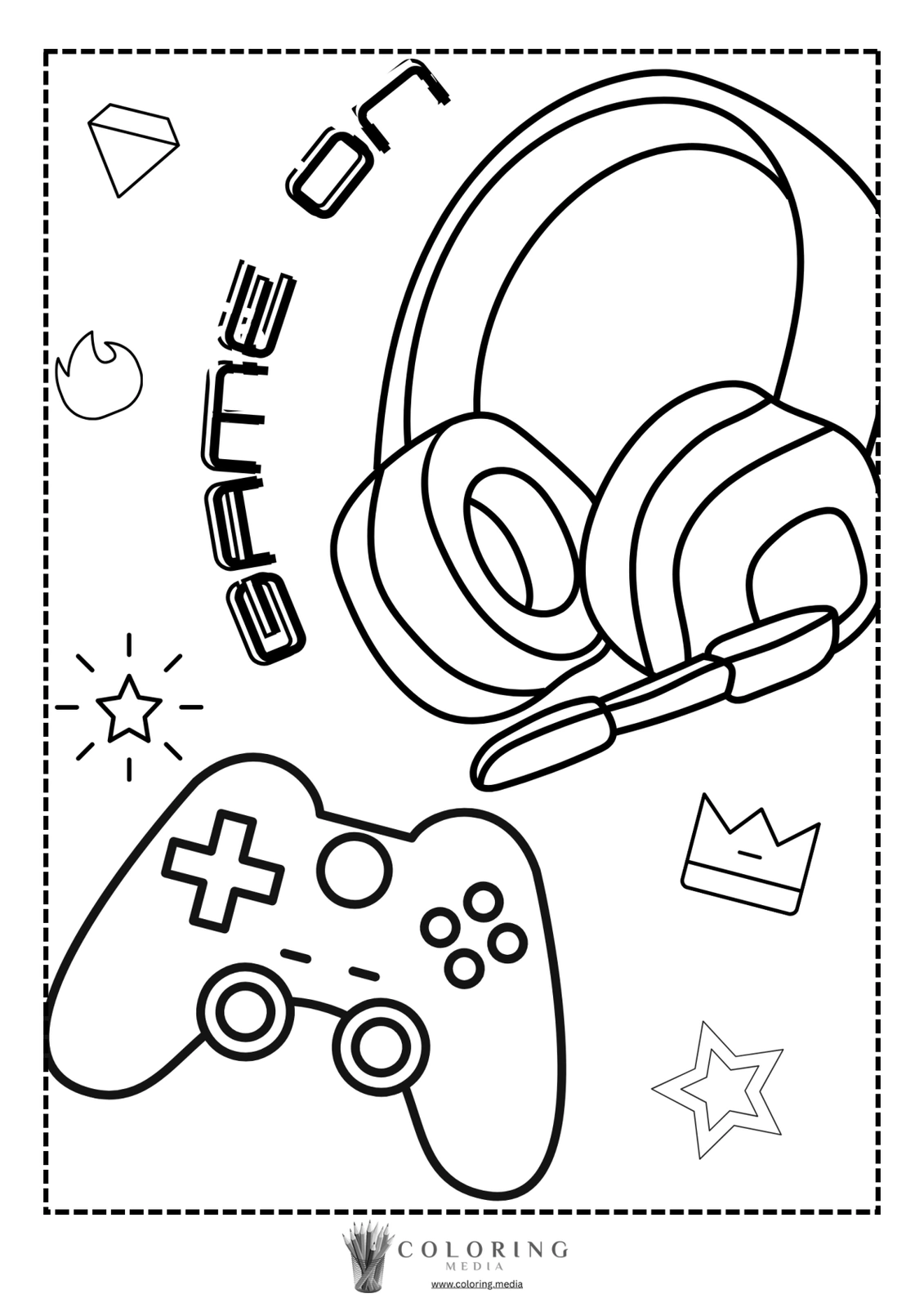 Headphones and a game controller with "GAME ON" text and playful icons.