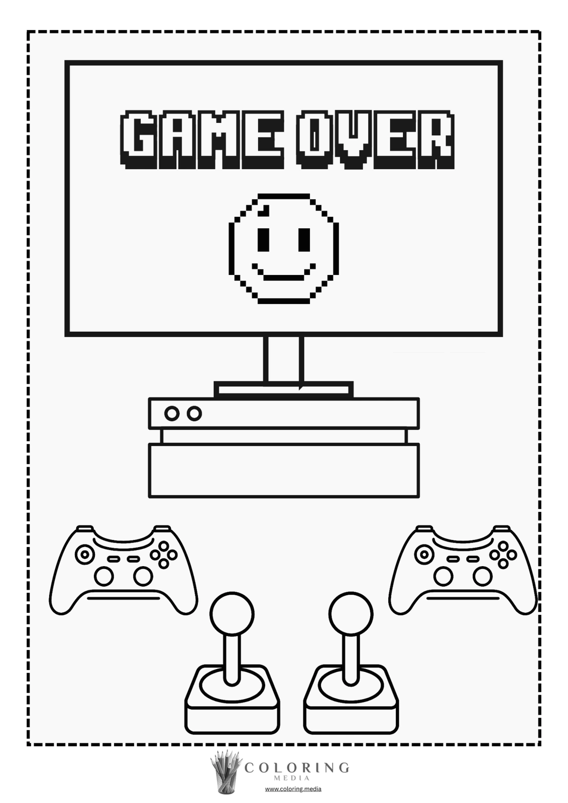 A gaming console displays "GAME OVER" with controllers below.