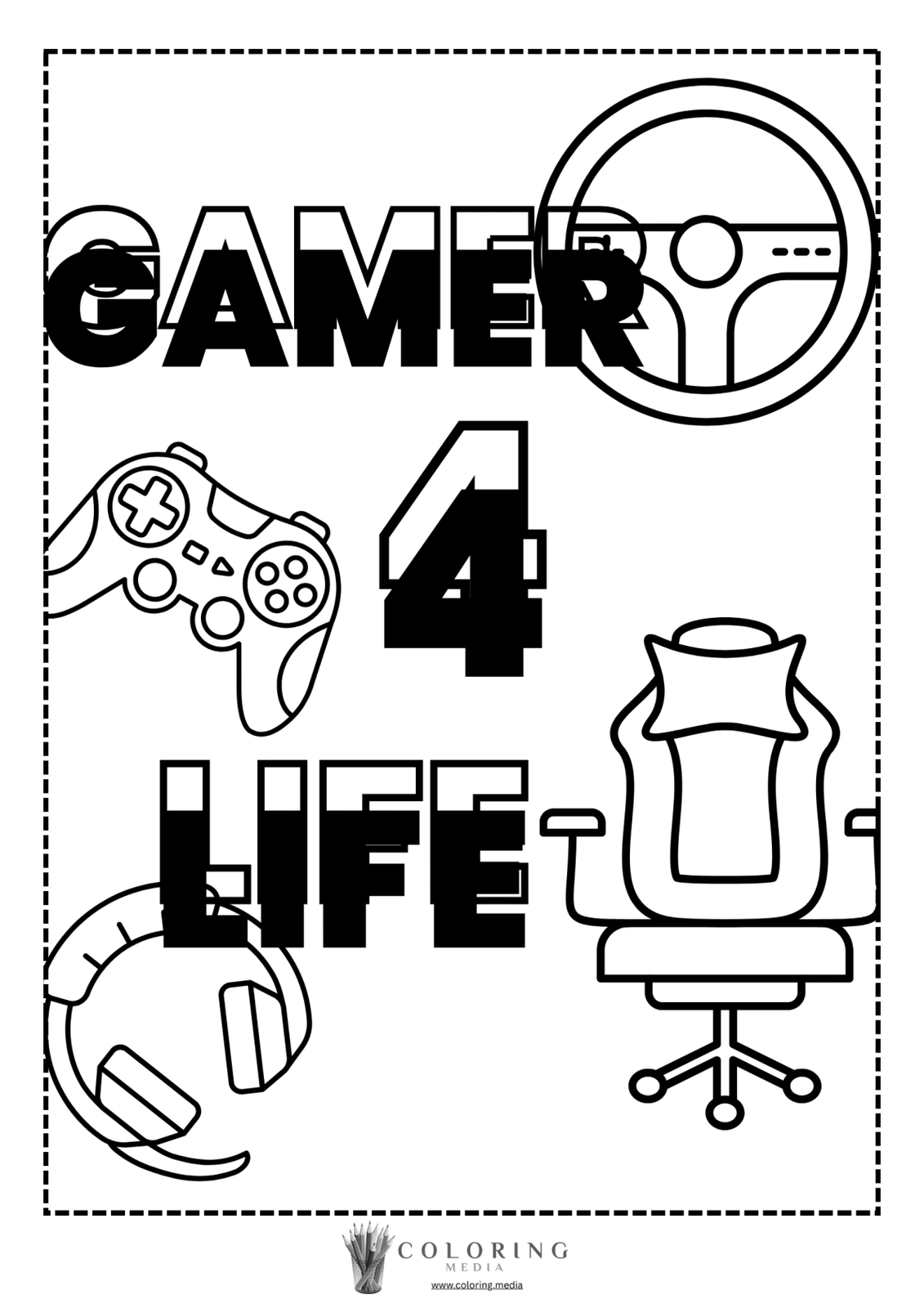 Bold text reads "GAMER 4 LIFE" with gaming accessories and a chair illustrated around it.