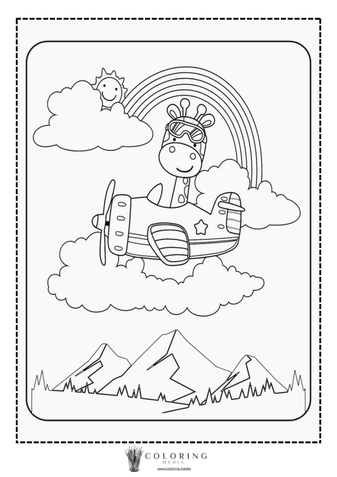 A cartoon giraffe pilot flies an airplane among clouds and a rainbow.