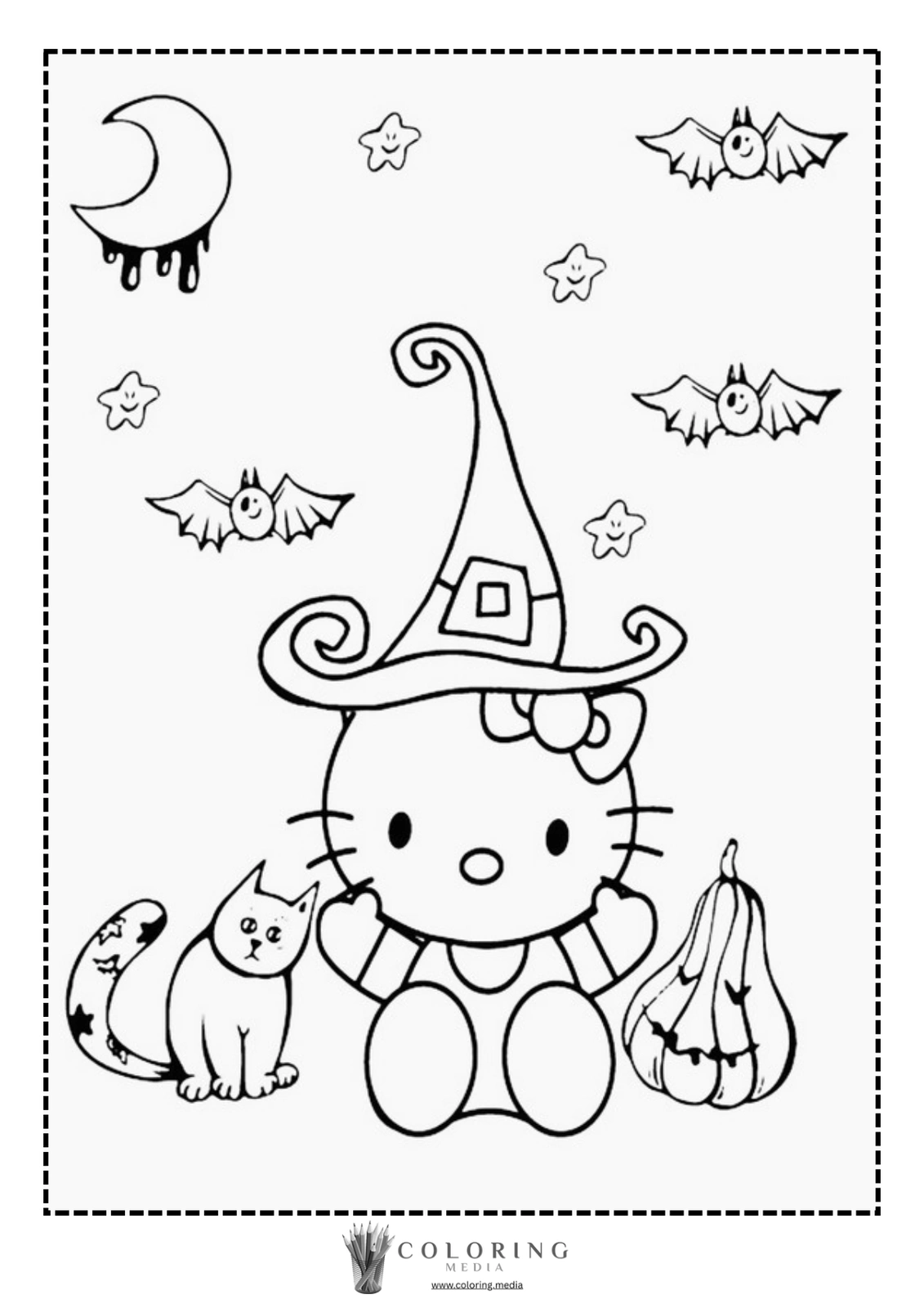 Hello Kitty in a witch hat sits with a cat and a pumpkin.
