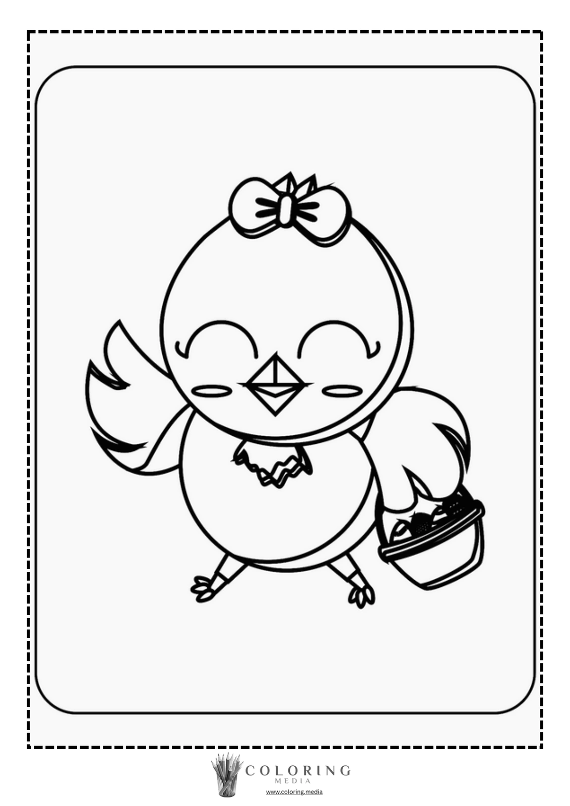 A cheerful bird with a bow holds a basket of eggs.