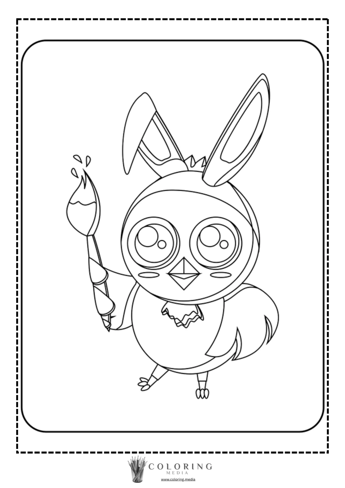 A cartoon bird with bunny ears holds a paintbrush, ready to create art.