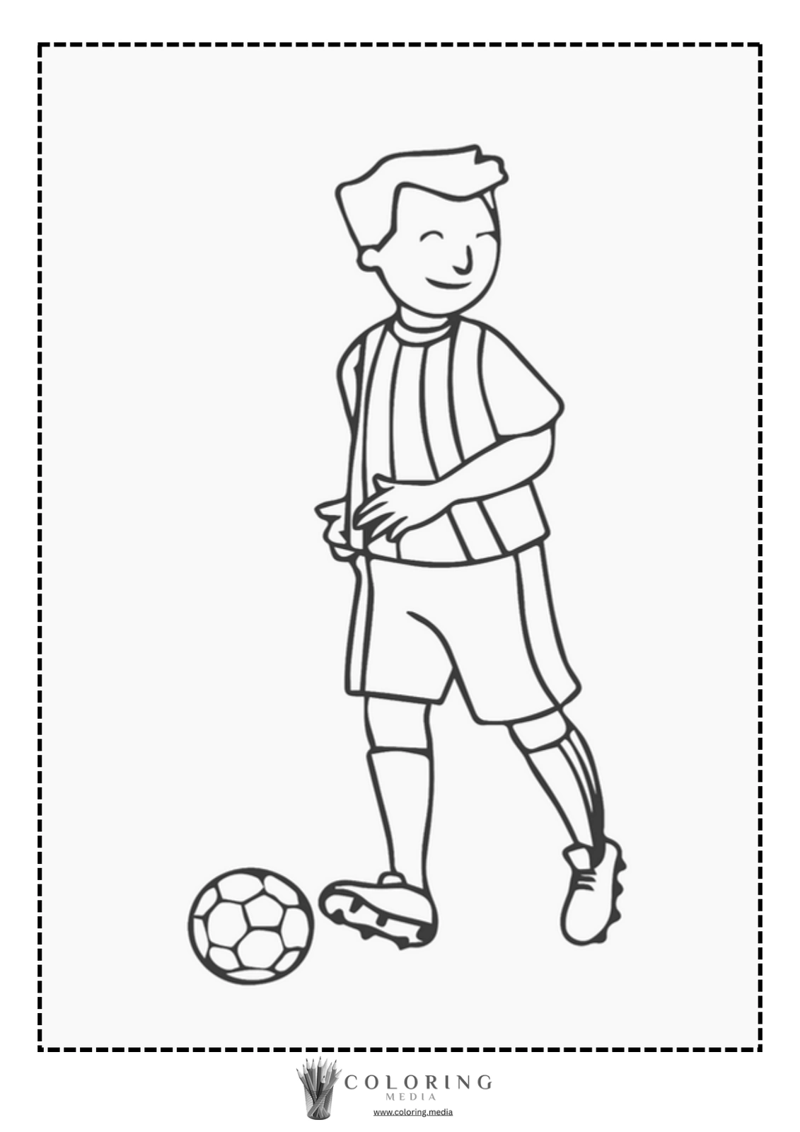 A smiling boy in a striped jersey stands next to a soccer ball.