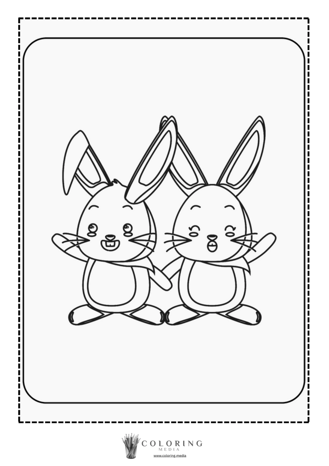 Two cartoon rabbits are happily waving at the viewer.