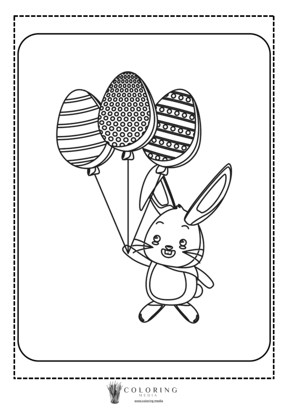 A cheerful bunny holds colorful, patterned balloons.