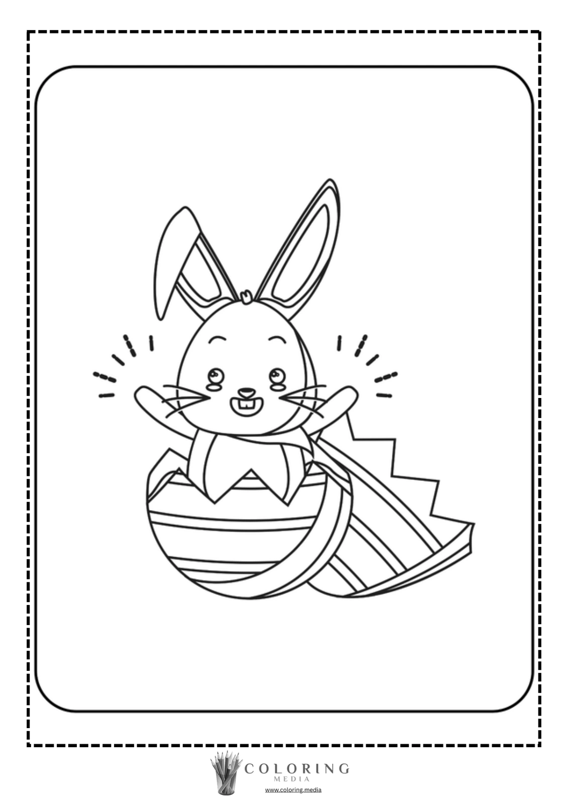 A cheerful bunny pops out of a decorated egg, surrounded by sparkles.