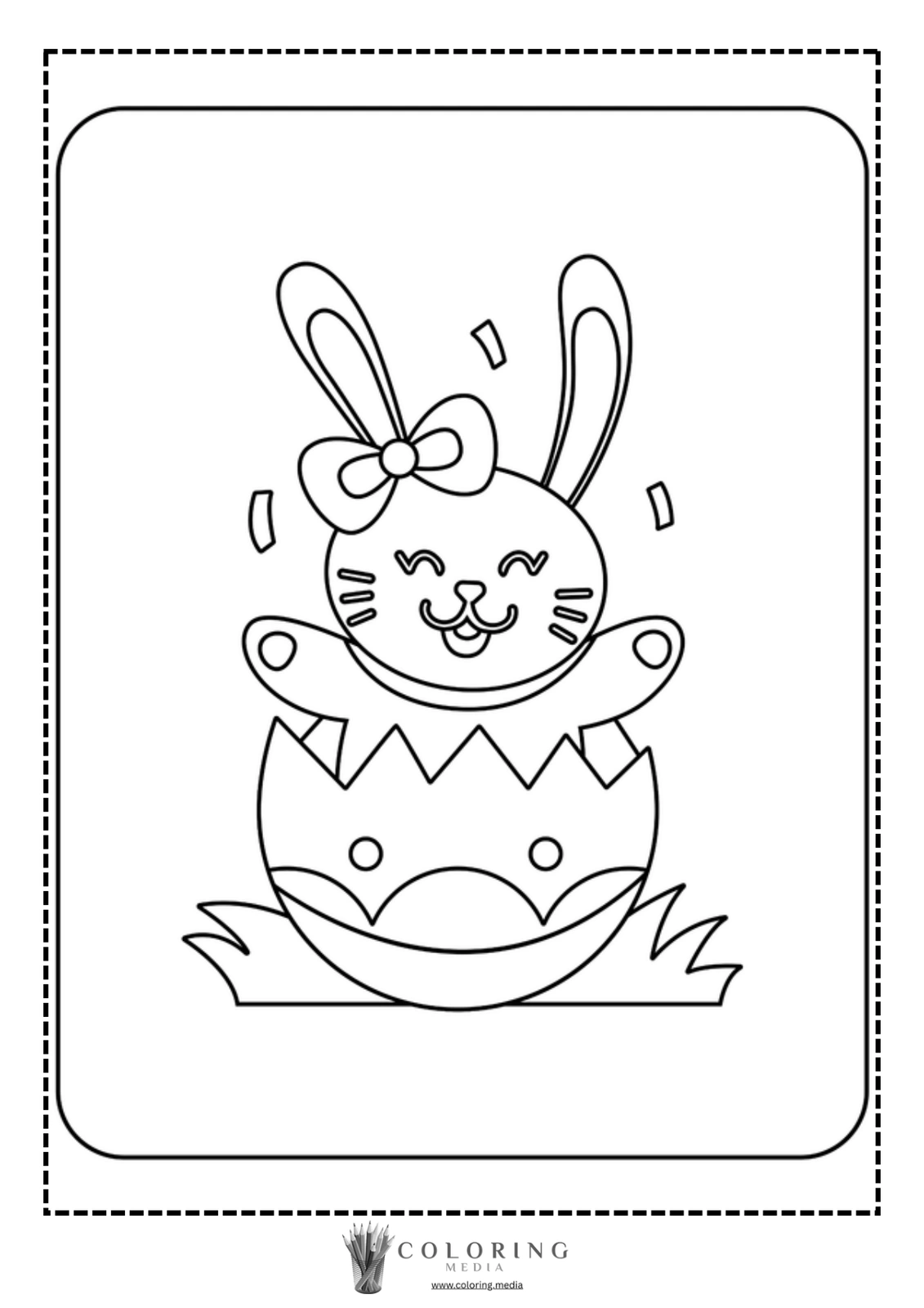 A cheerful bunny with a bow emerges from a decorated egg.