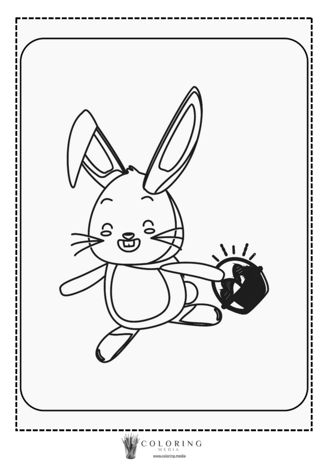 A cheerful rabbit runs while holding a small black bag.
