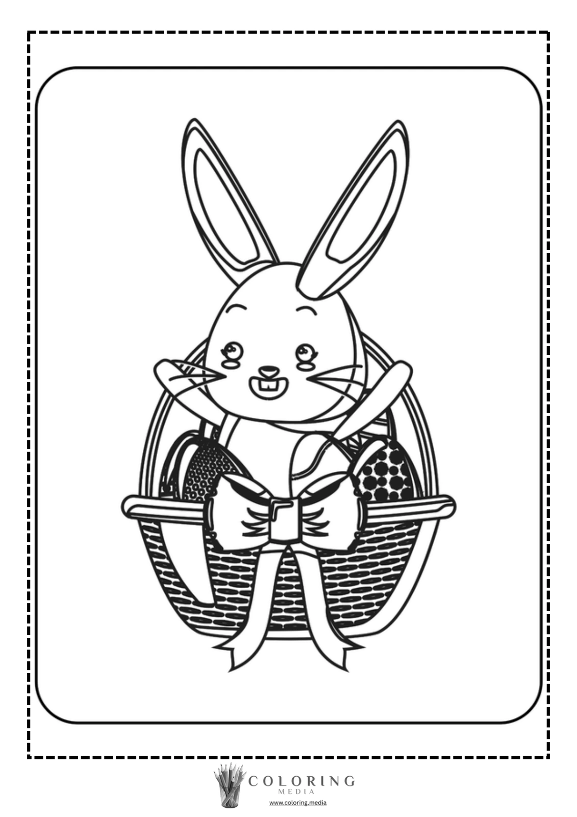 A cheerful bunny holds a basket filled with decorated eggs and a bow.