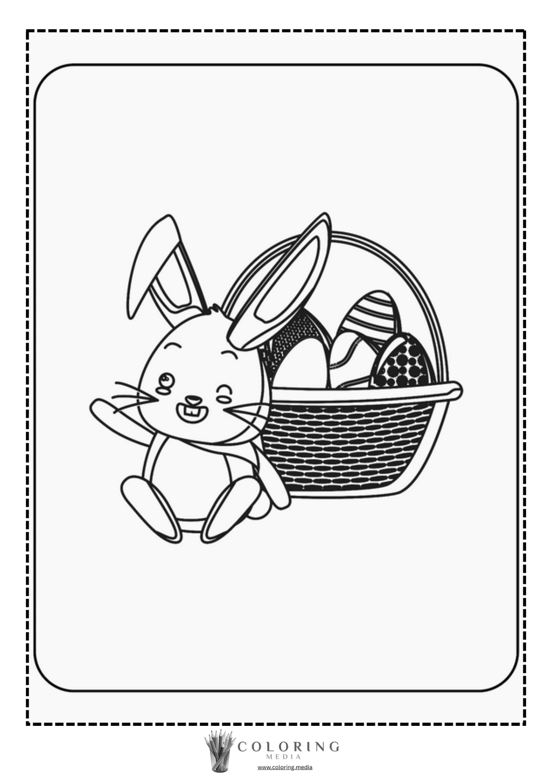 A cheerful bunny sits beside a basket filled with decorated eggs.
