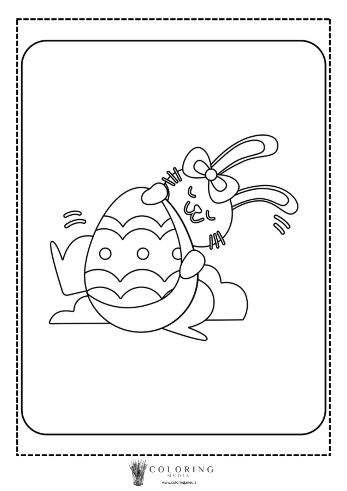 A cheerful bunny hugs a decorated Easter egg against a cloud backdrop.