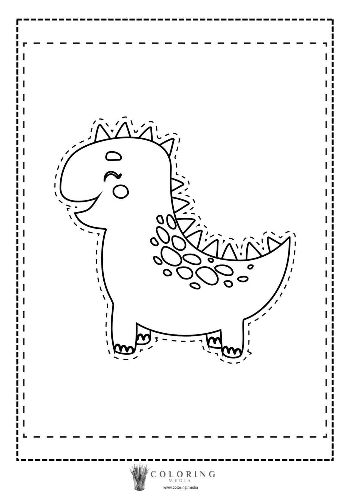 A smiling dinosaur cartoon outlined for coloring, featuring spikes and spots.