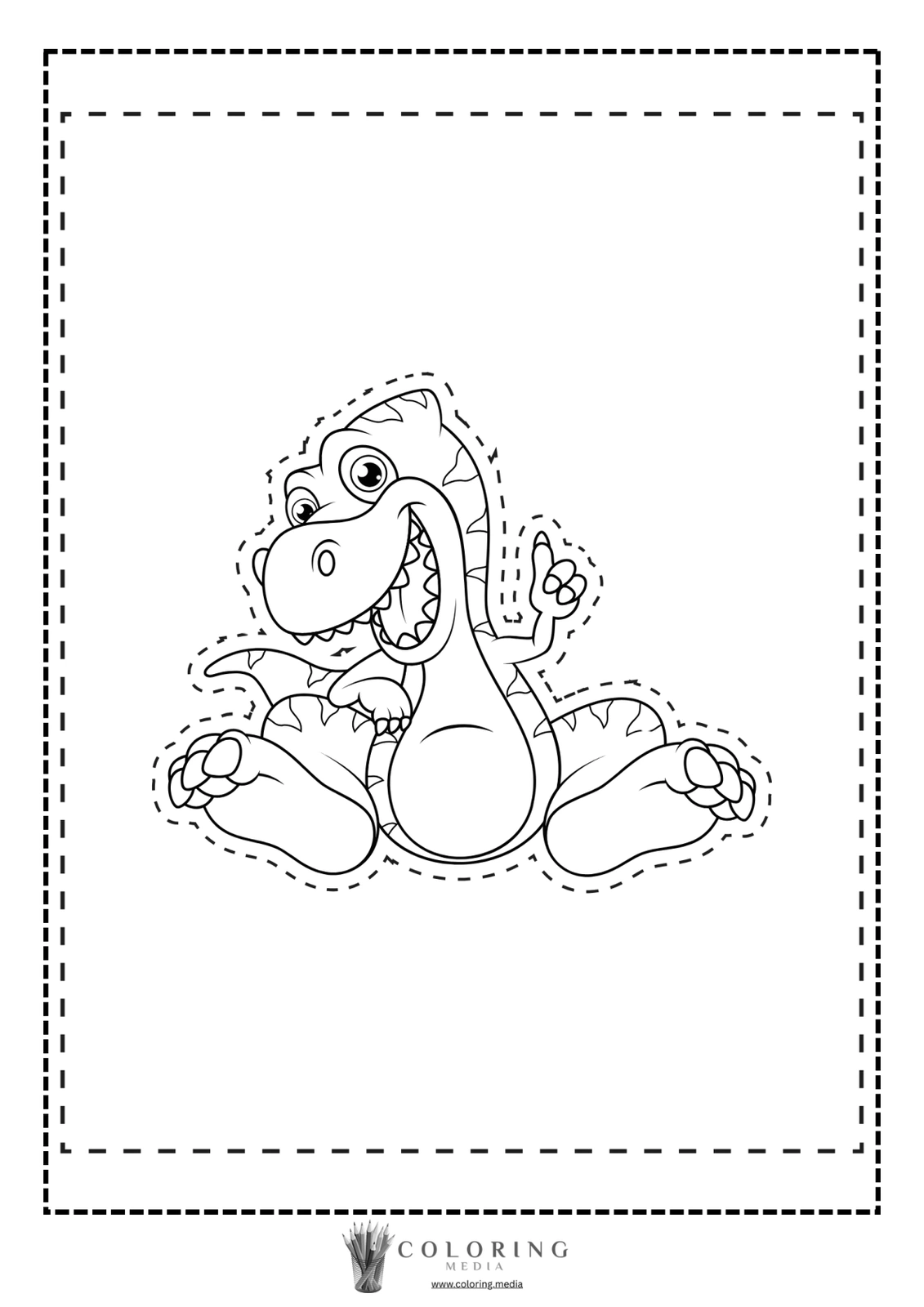A cheerful cartoon dinosaur sits with one finger raised, ready to color.