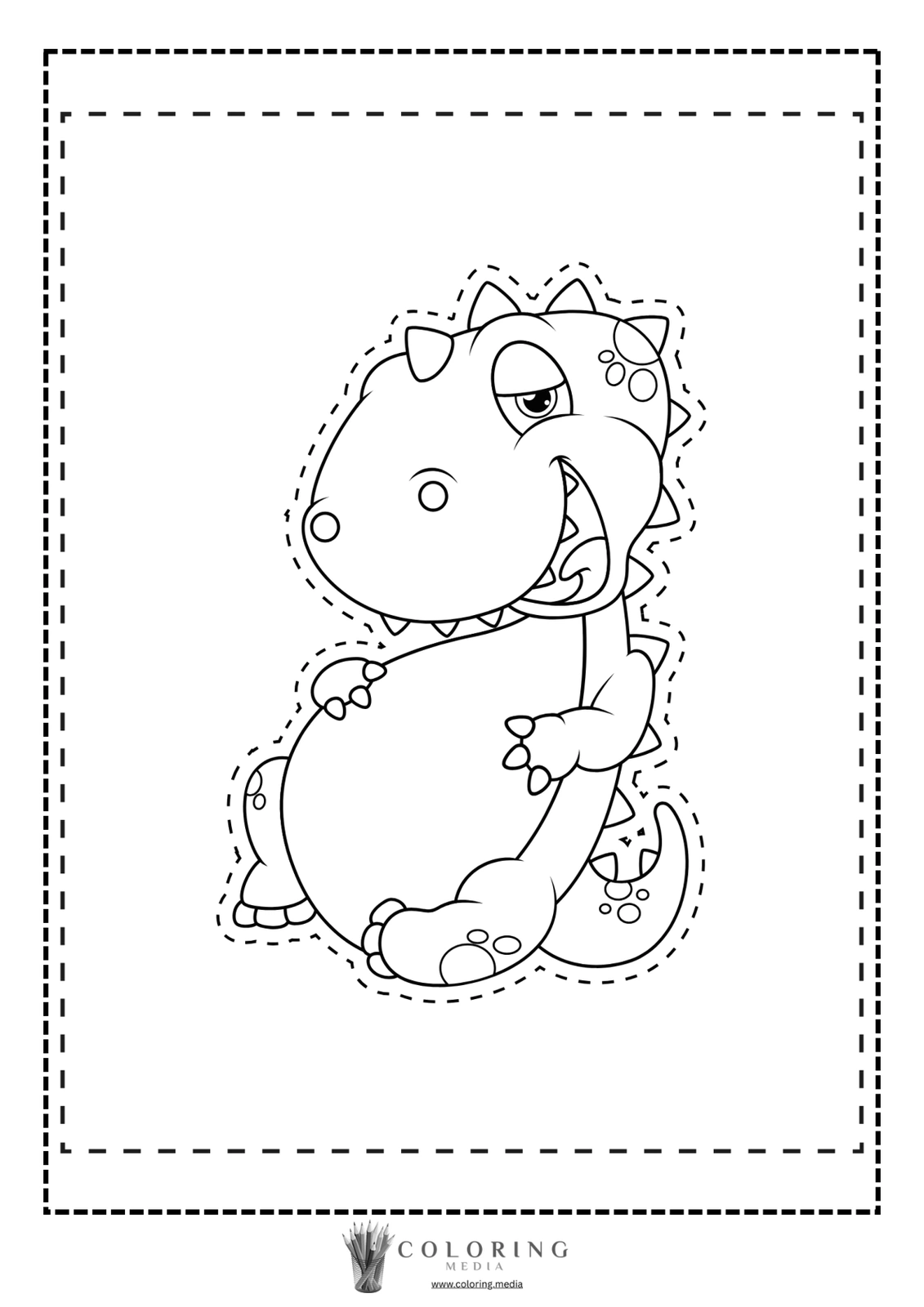 A smiling cartoon dinosaur stands with its hands on its belly, ready to play.