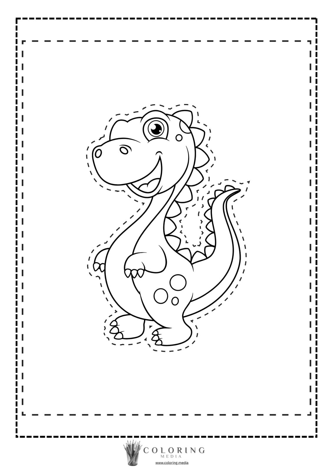 A cheerful cartoon dinosaur stands, ready to be colored.