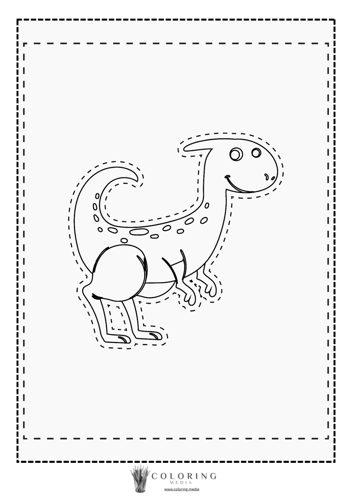 A cartoon dinosaur with a smiling face, ready for coloring.