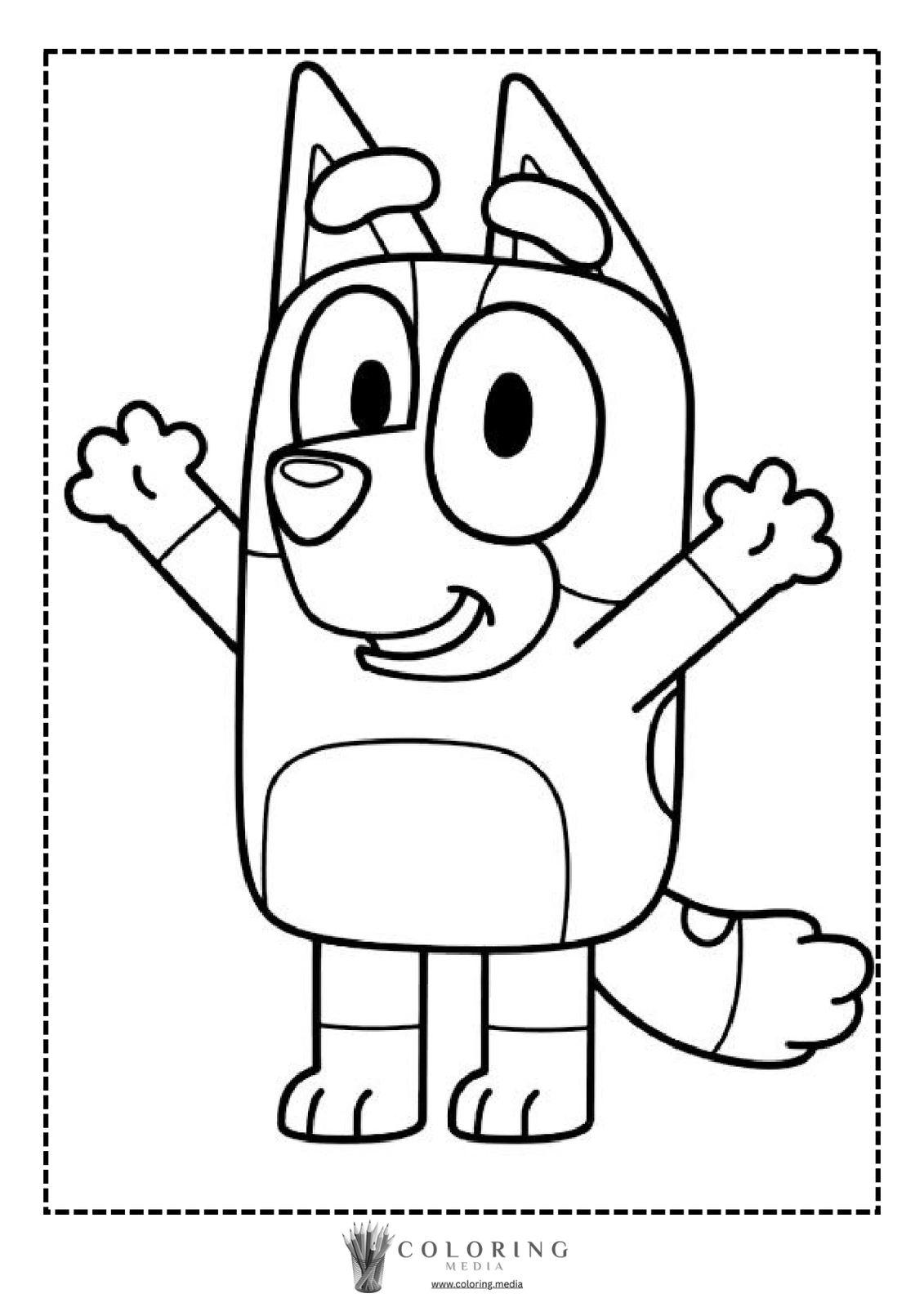 A cartoon dog with a big smile and raised arms, ready to play.