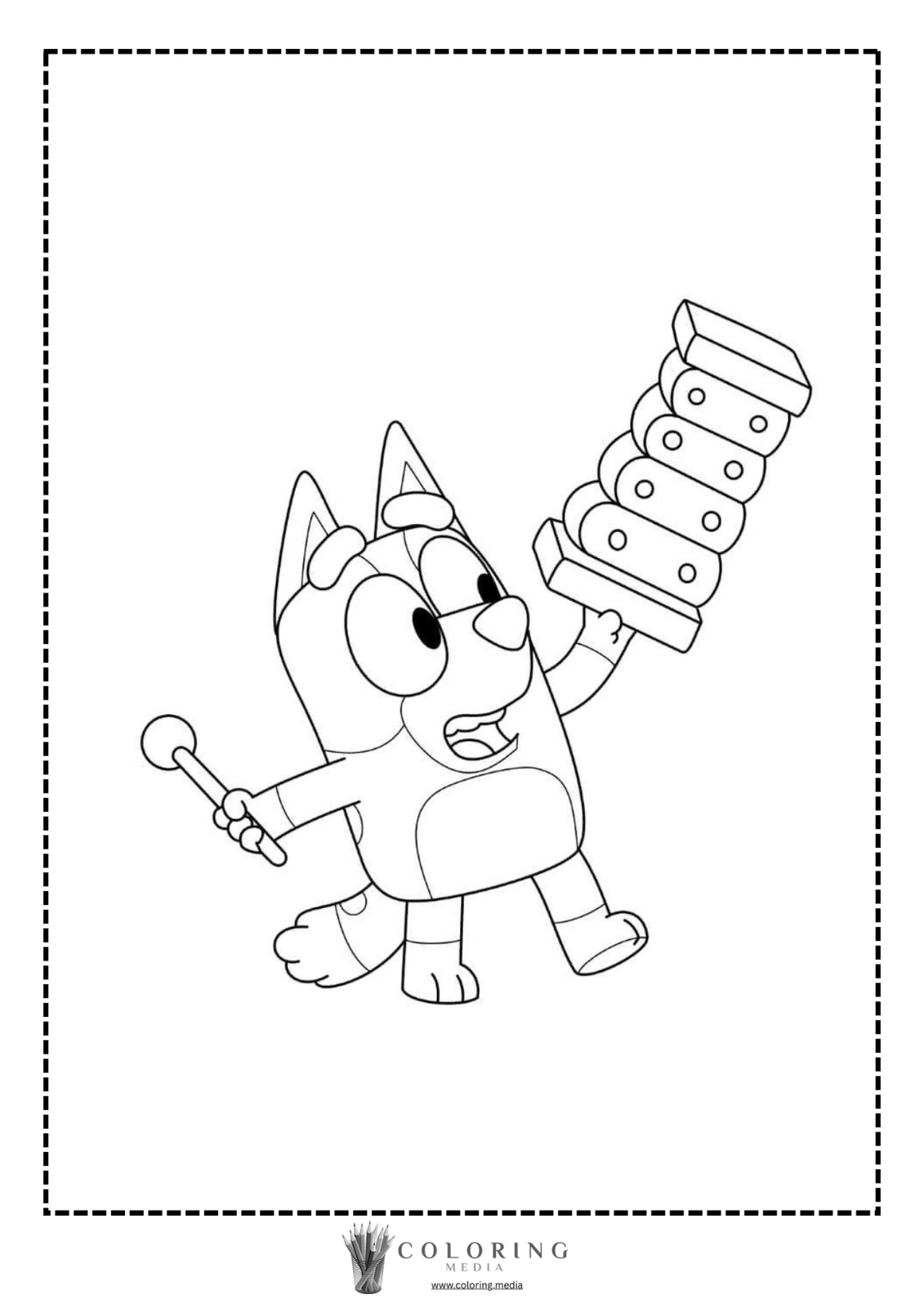 A cartoon dog joyfully plays a xylophone, holding a mallet in one paw.