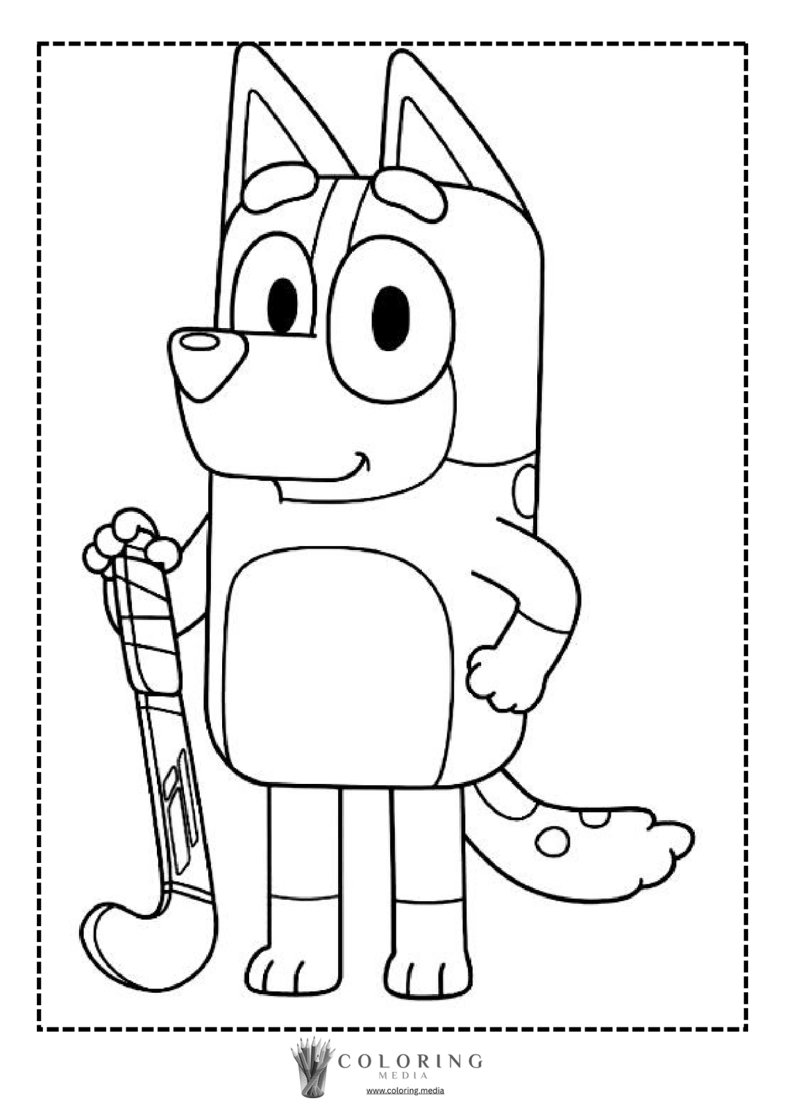 A cartoon dog holds a hockey stick and smiles confidently.