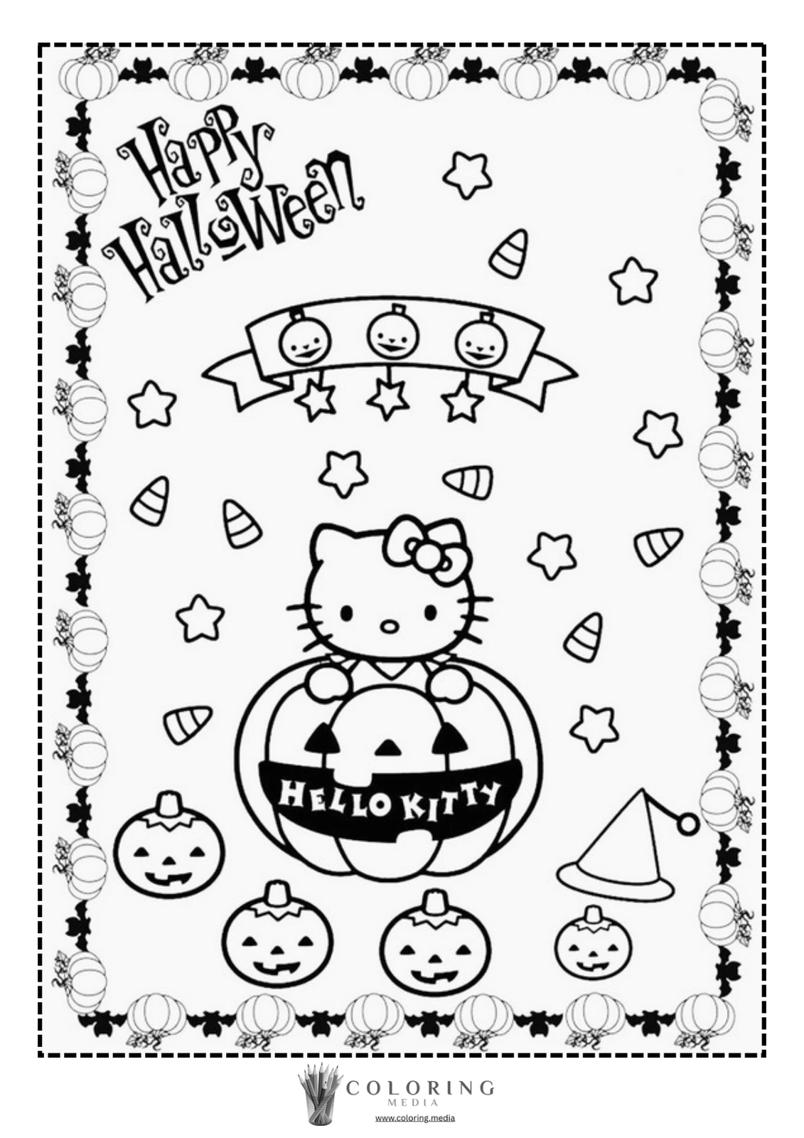 Hello Kitty holds a pumpkin, surrounded by Halloween decorations and candy.