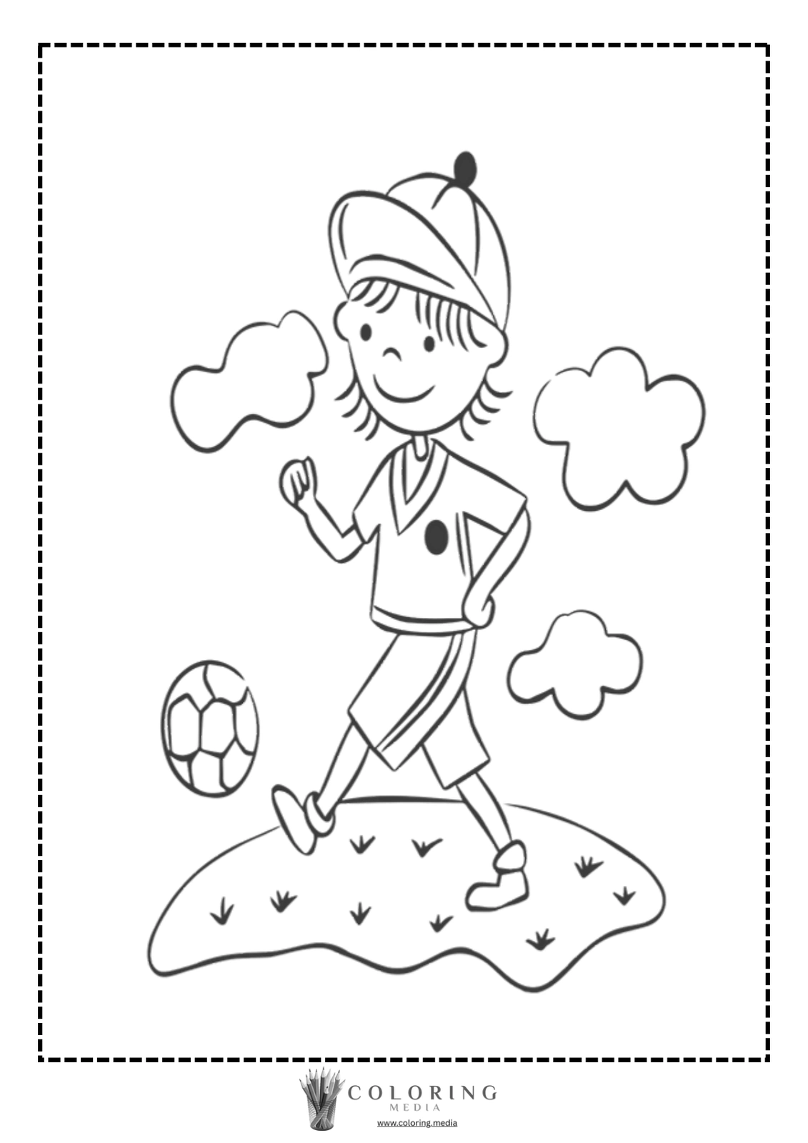 A child in a cap walks happily with a soccer ball on grass.