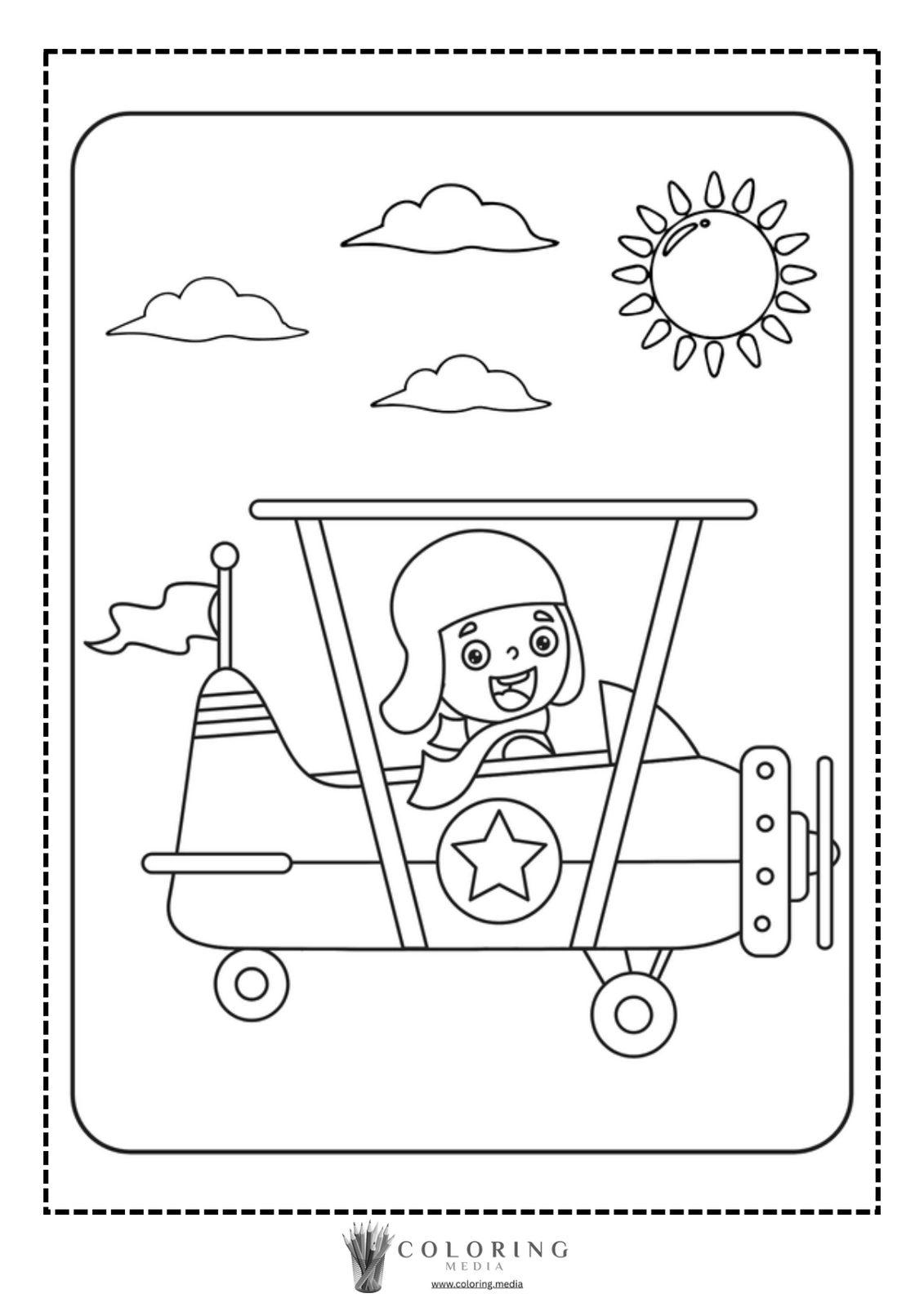 A smiling child pilots a biplane under a sunny sky with clouds.