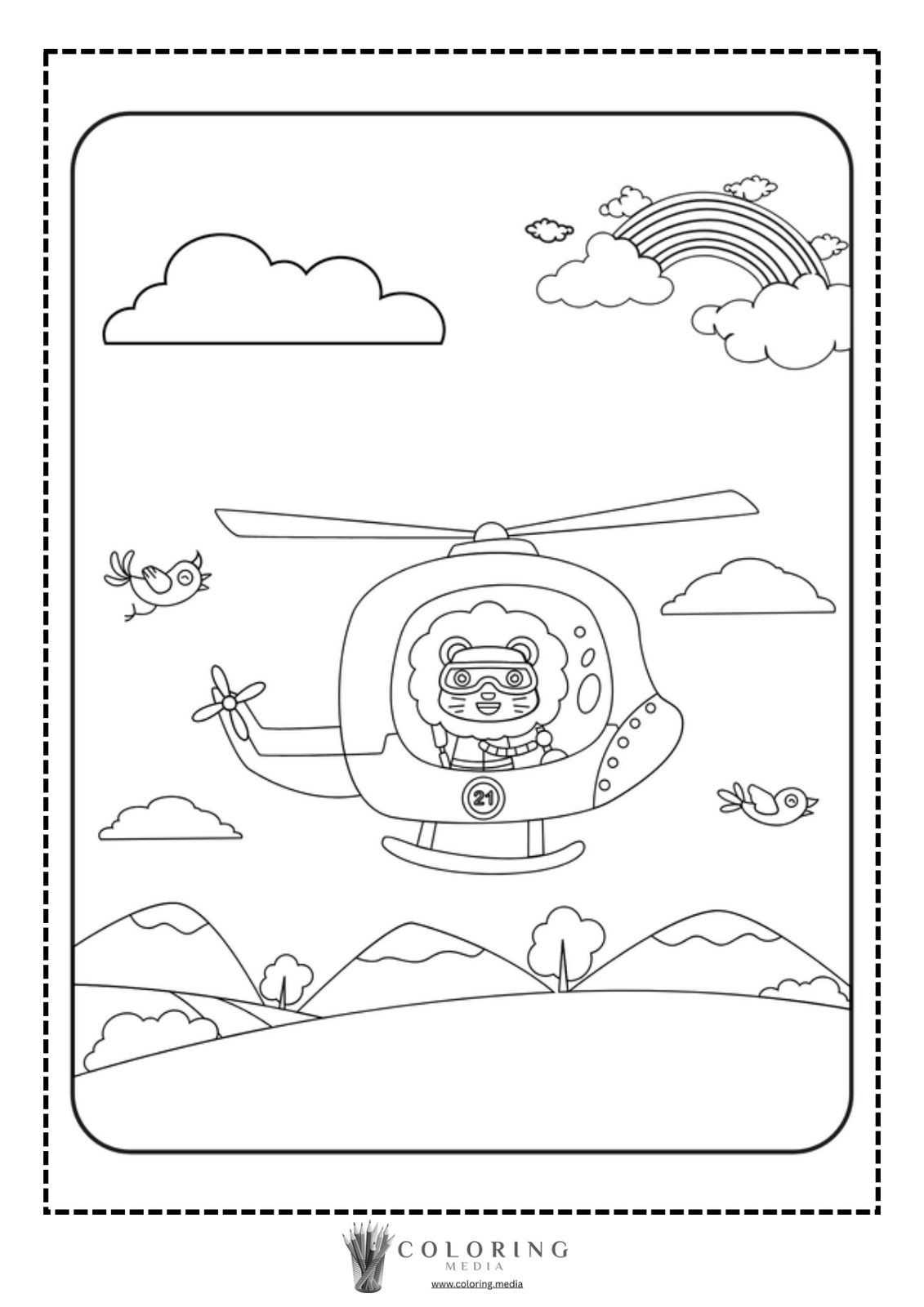 A cartoon lion pilot flies a helicopter over mountains and clouds.
