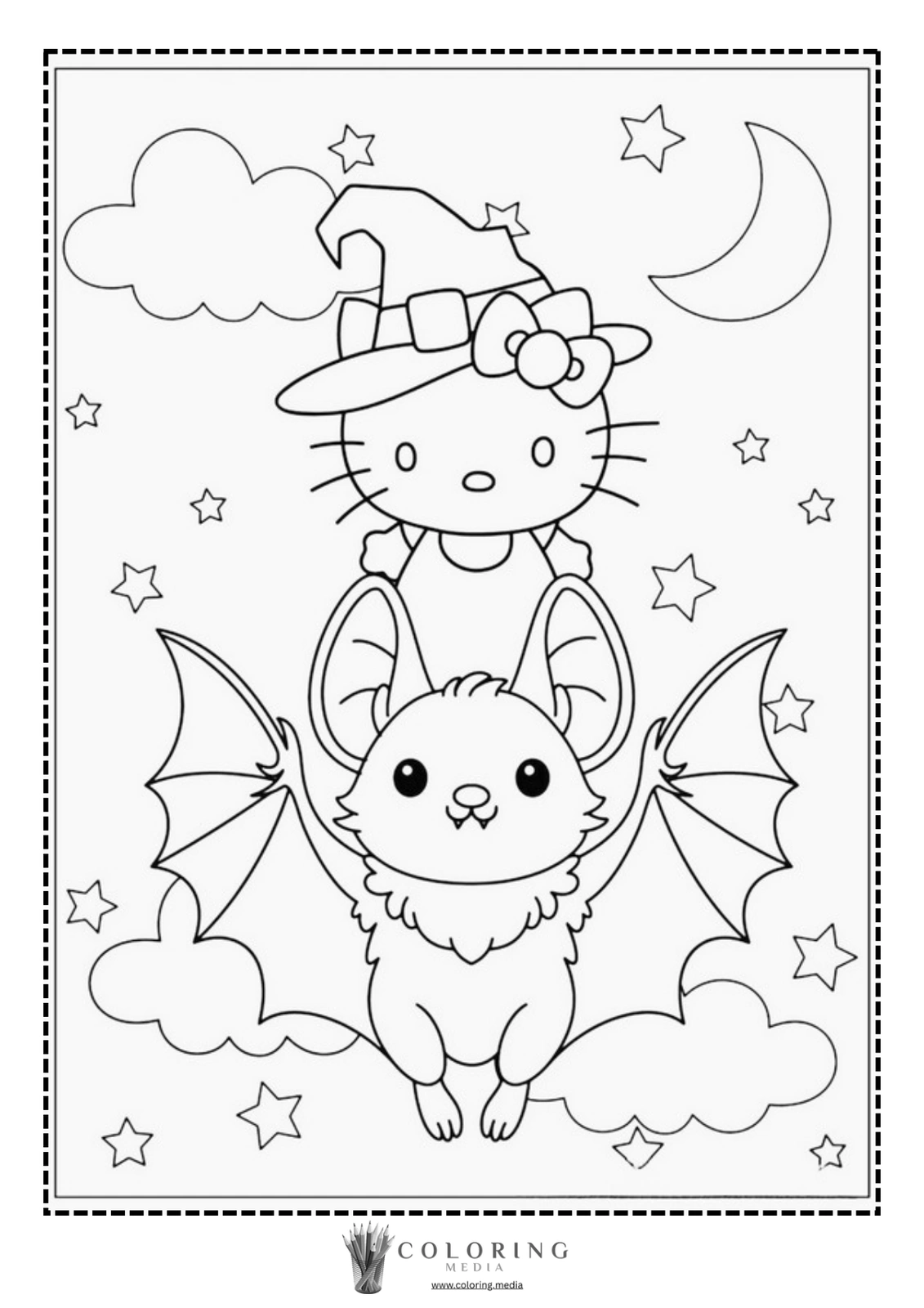 Hello Kitty in a witch hat rides a bat among stars and clouds.
