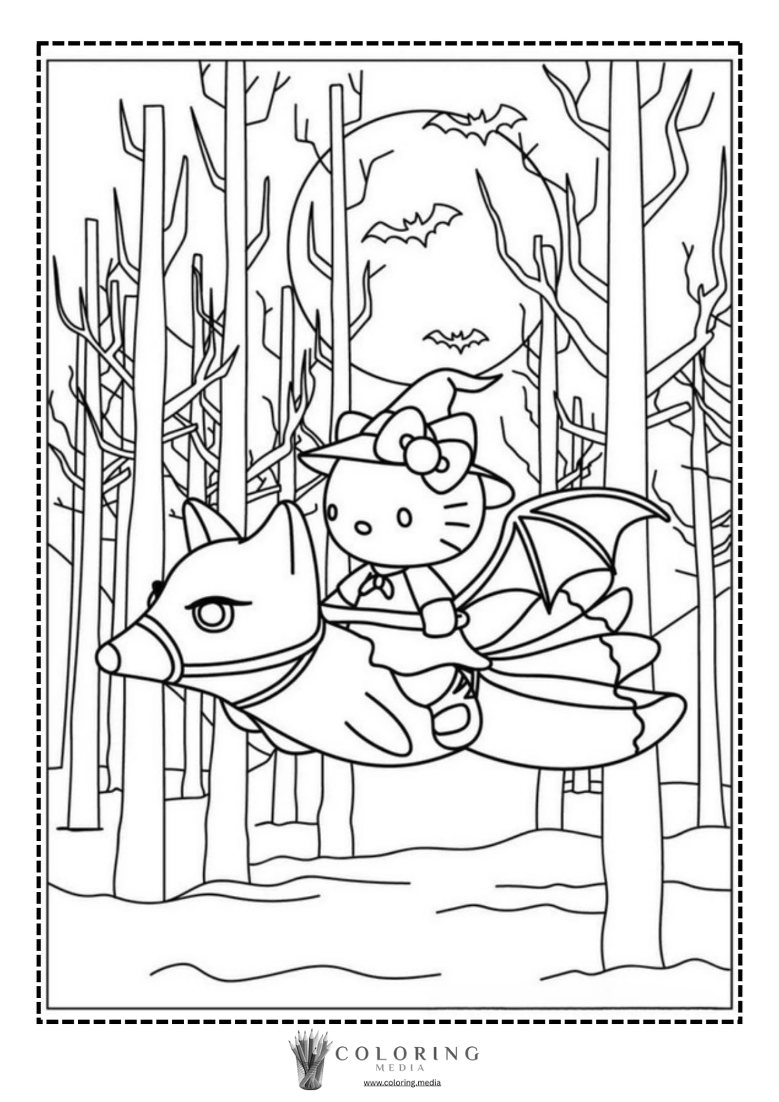 Hello Kitty, dressed as a witch, rides a bat-like creature through a spooky forest.