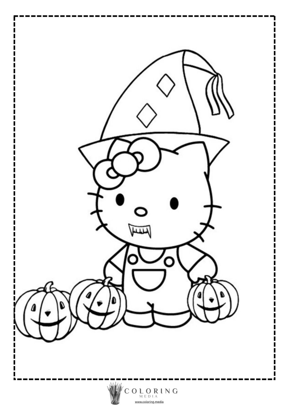 Hello Kitty in a wizard hat holds three smiling pumpkins.