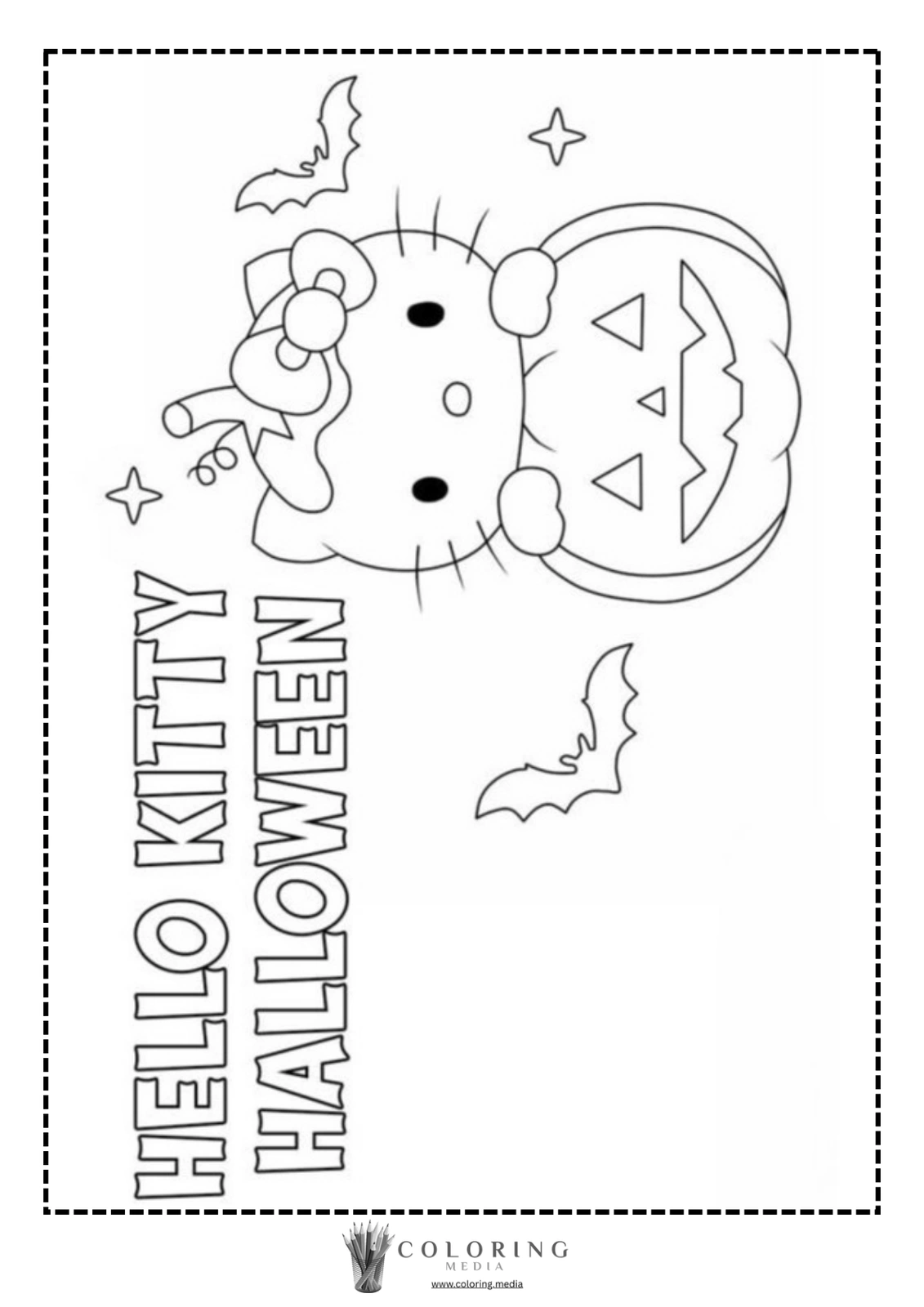 Hello Kitty holds a pumpkin, surrounded by bats and stars, celebrating Halloween.