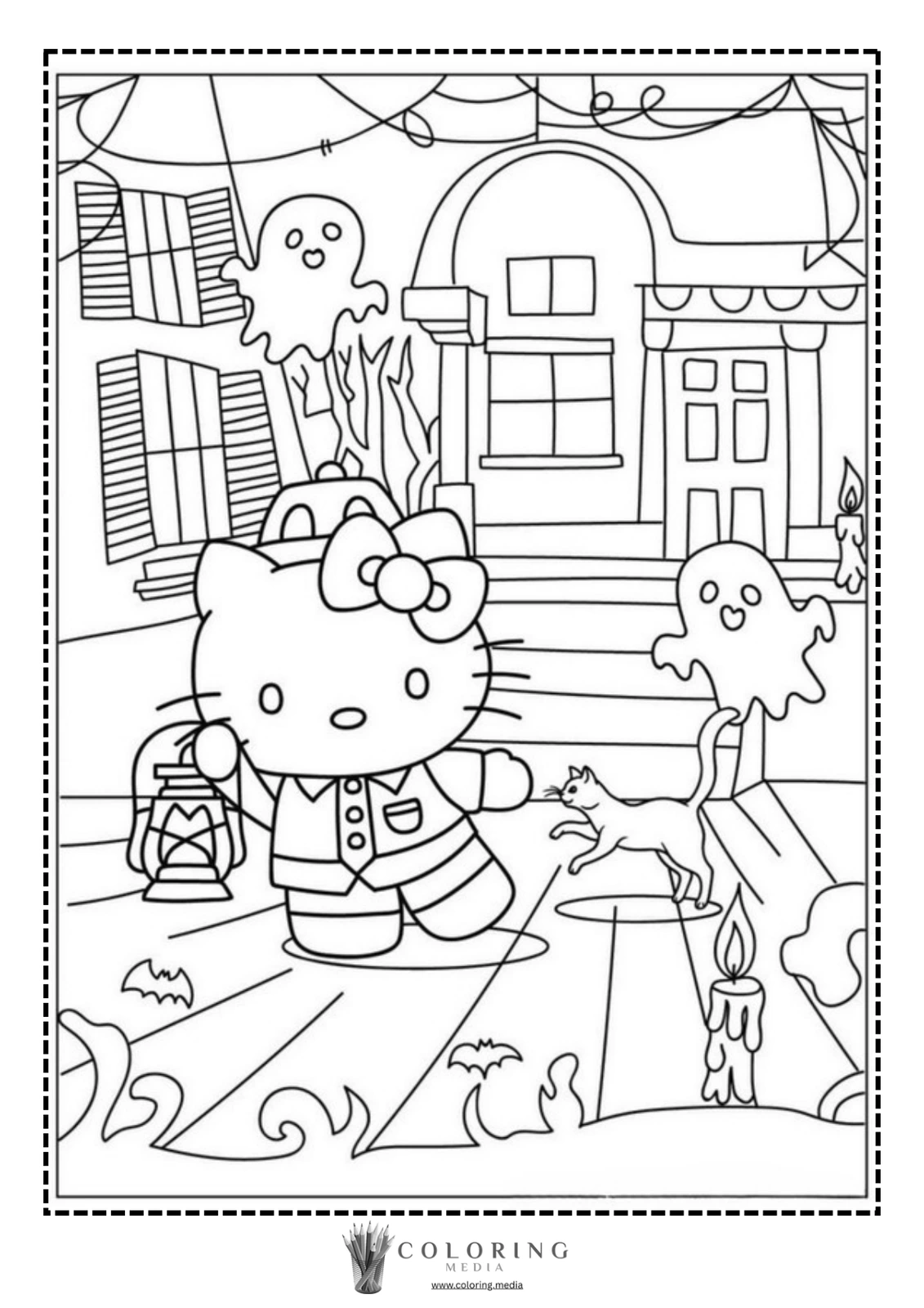 Hello Kitty walks with a lantern, accompanied by a playful cat and ghosts.