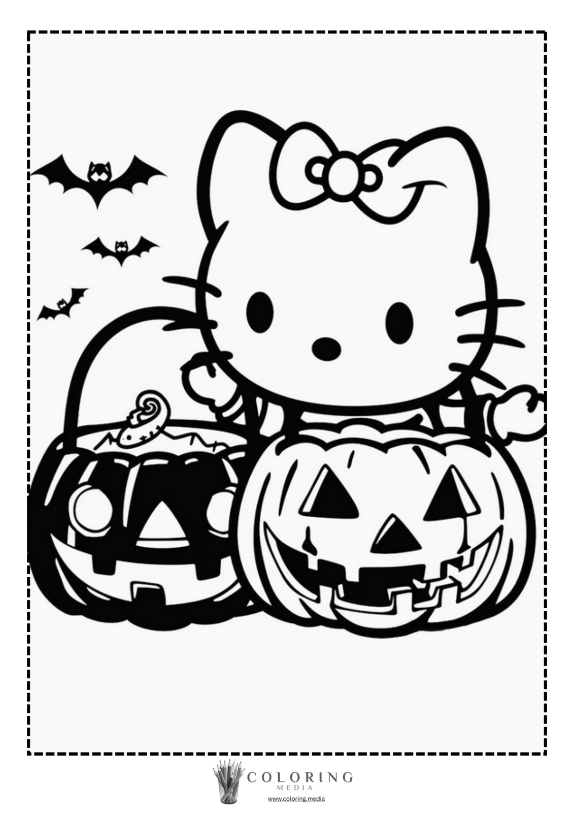 Hello Kitty holds a pumpkin basket surrounded by bats and Halloween decorations.