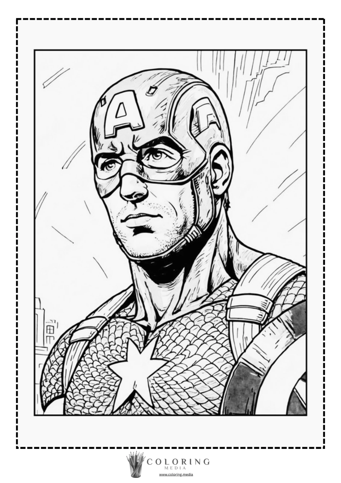 A superhero with a star emblem gazes determinedly, wearing a helmet and shield.