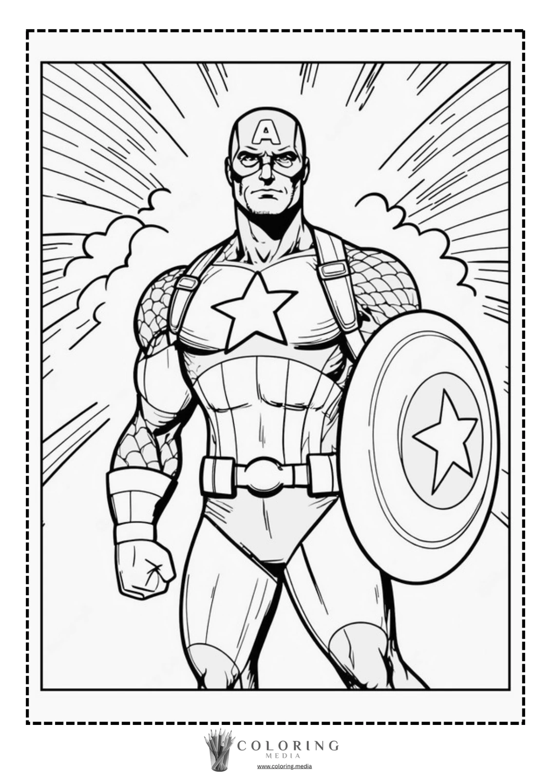 A superhero stands confidently, holding a shield, with dynamic lines radiating behind him.