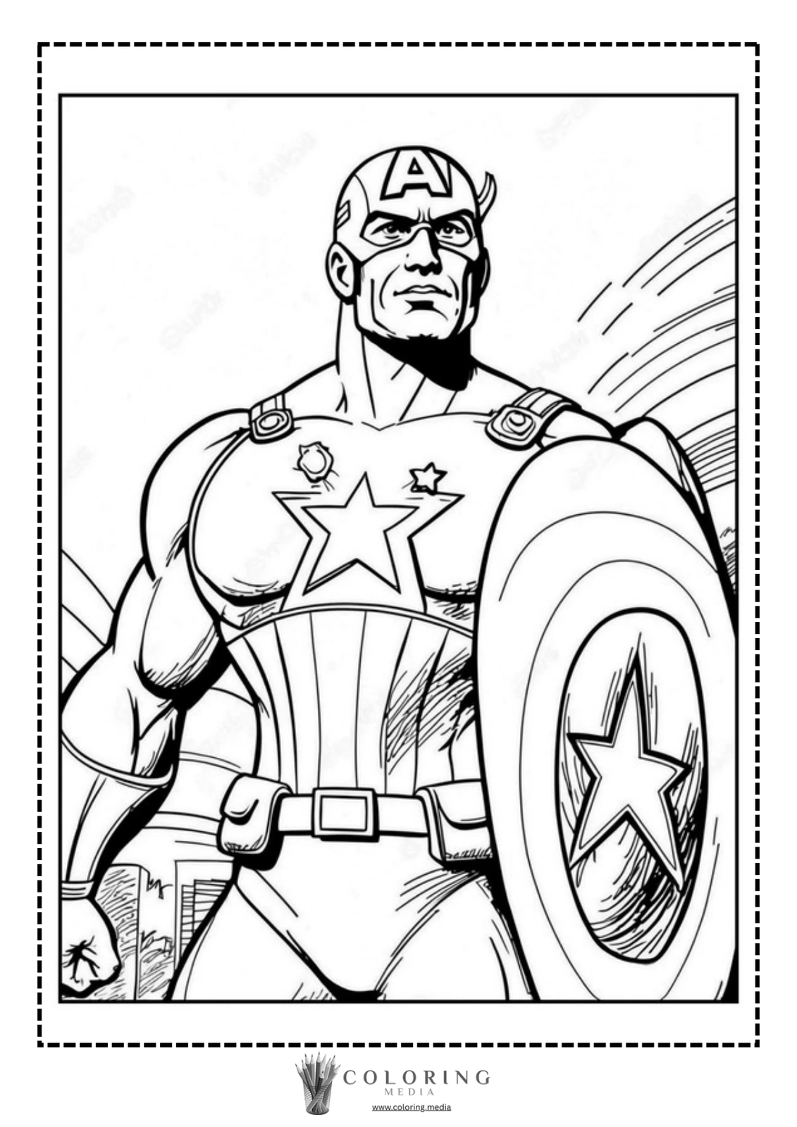 A superhero stands confidently, wearing a star-emblazoned costume and holding a shield.