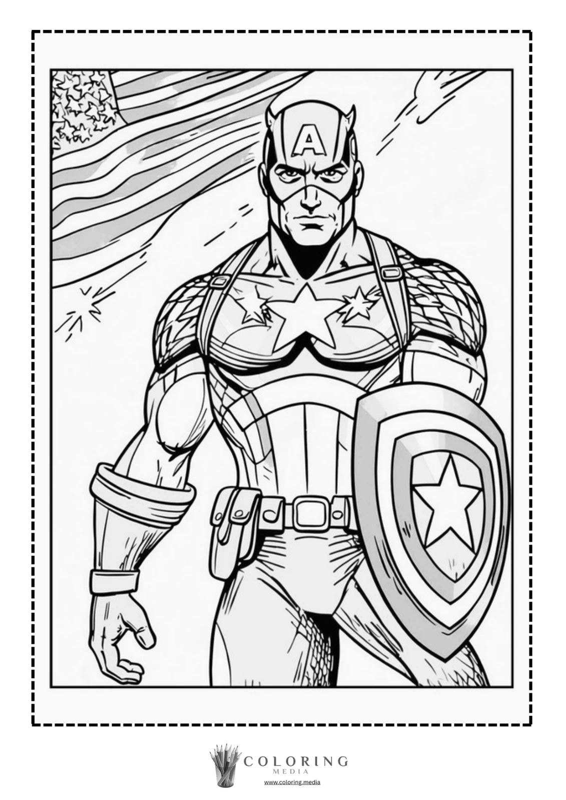 A muscular superhero stands confidently, holding a shield, with an American flag backdrop.